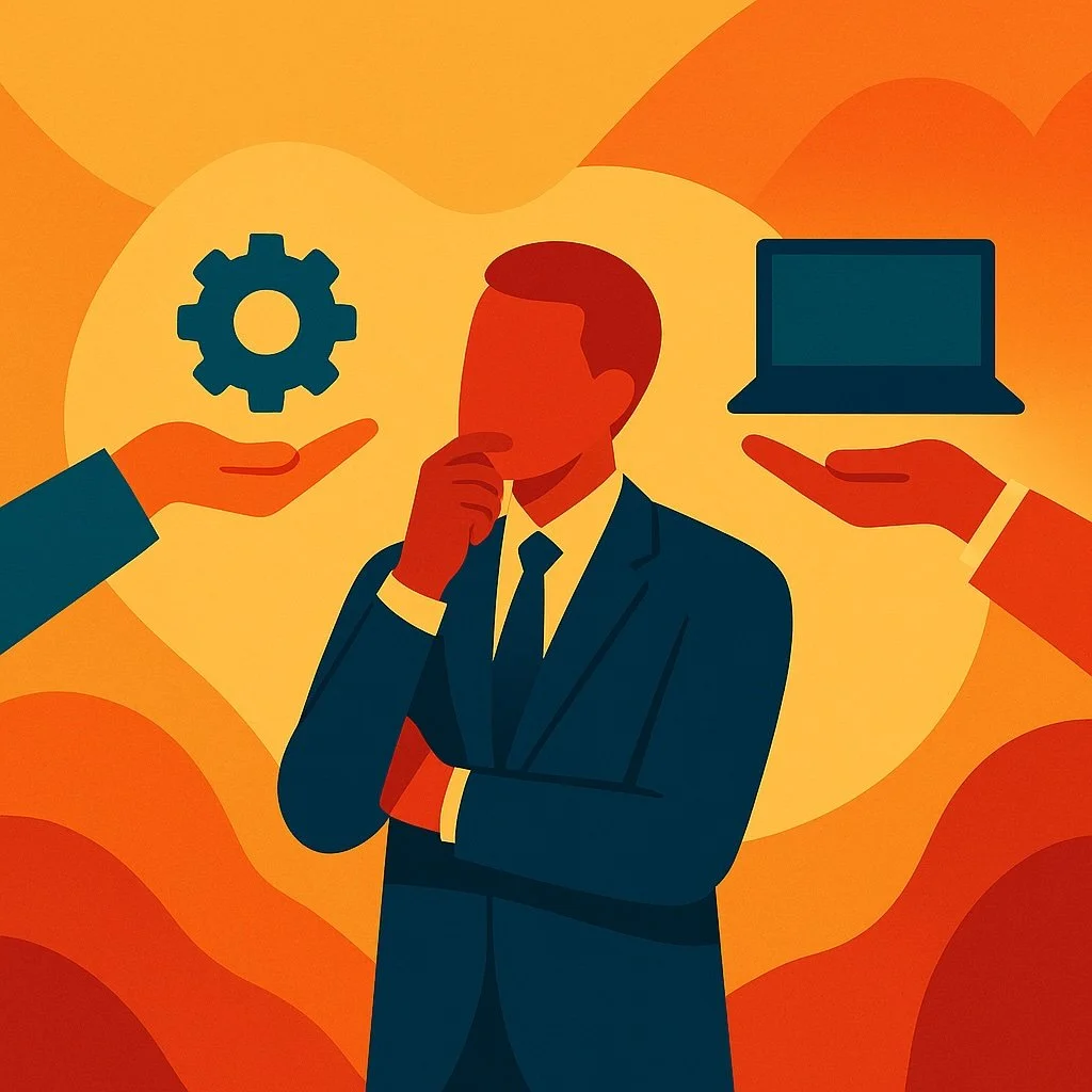 A minimalist 1:1 illustration showing a founder deciding between delegating tasks and doing work personally, represented by geometric hands offering a gear and a laptop, using bold flat colors and curved accents.