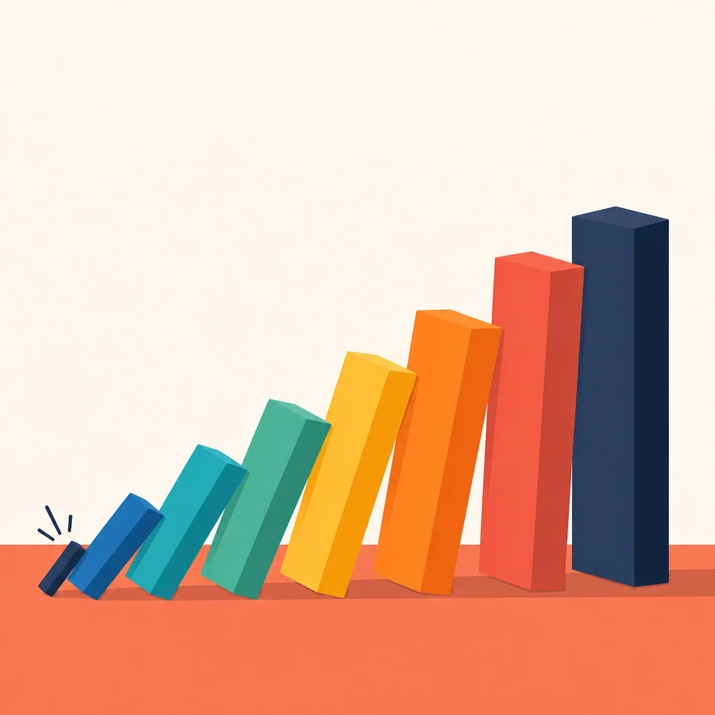 Minimalist dominos showing a tiny block starting a chain reaction that moves much larger blocks, illustrating the power of small wins.