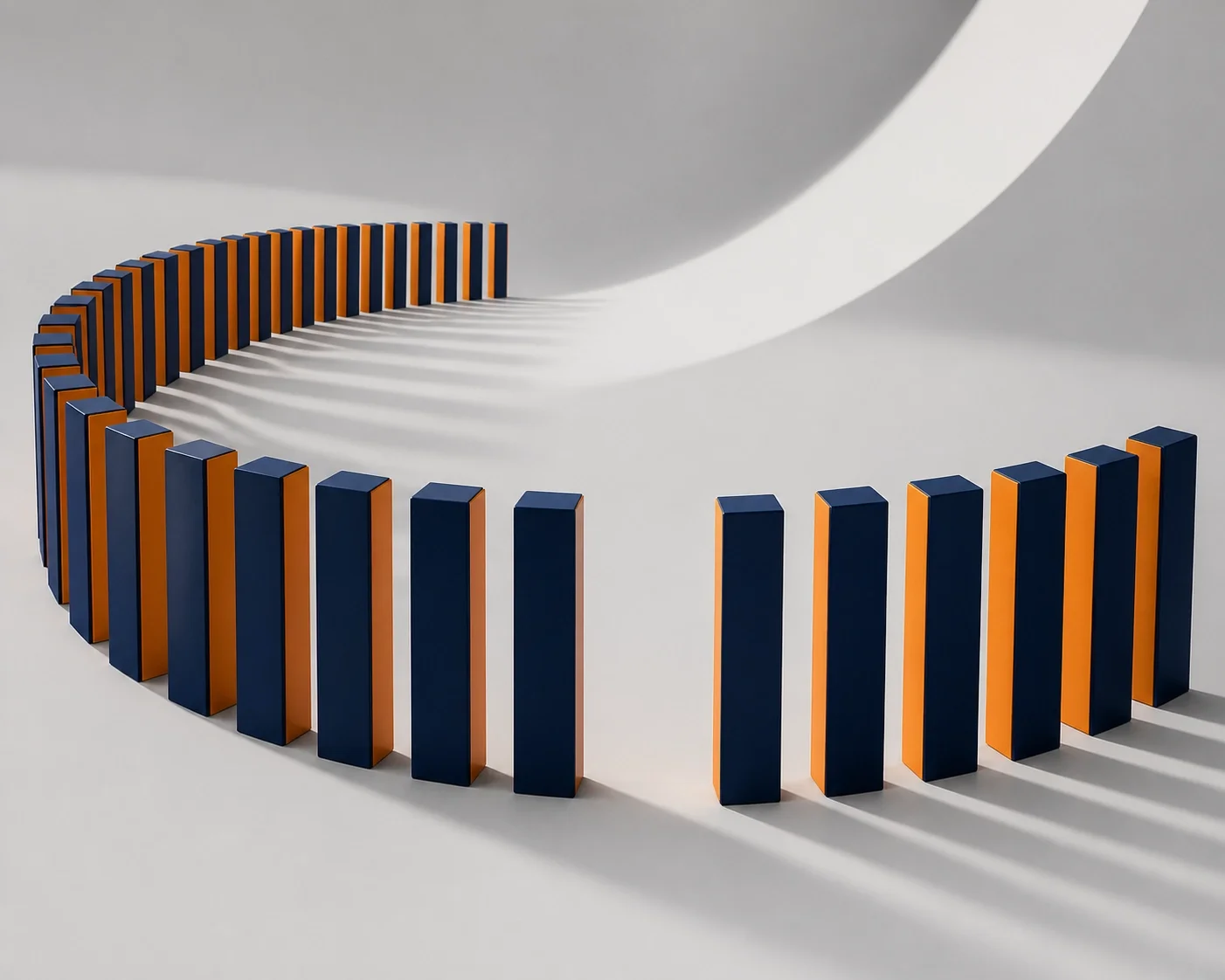 Curved line of standing domino blocks with a gap, symbolizing interruption, prevention of chain reactions, and breaking negative cycles.