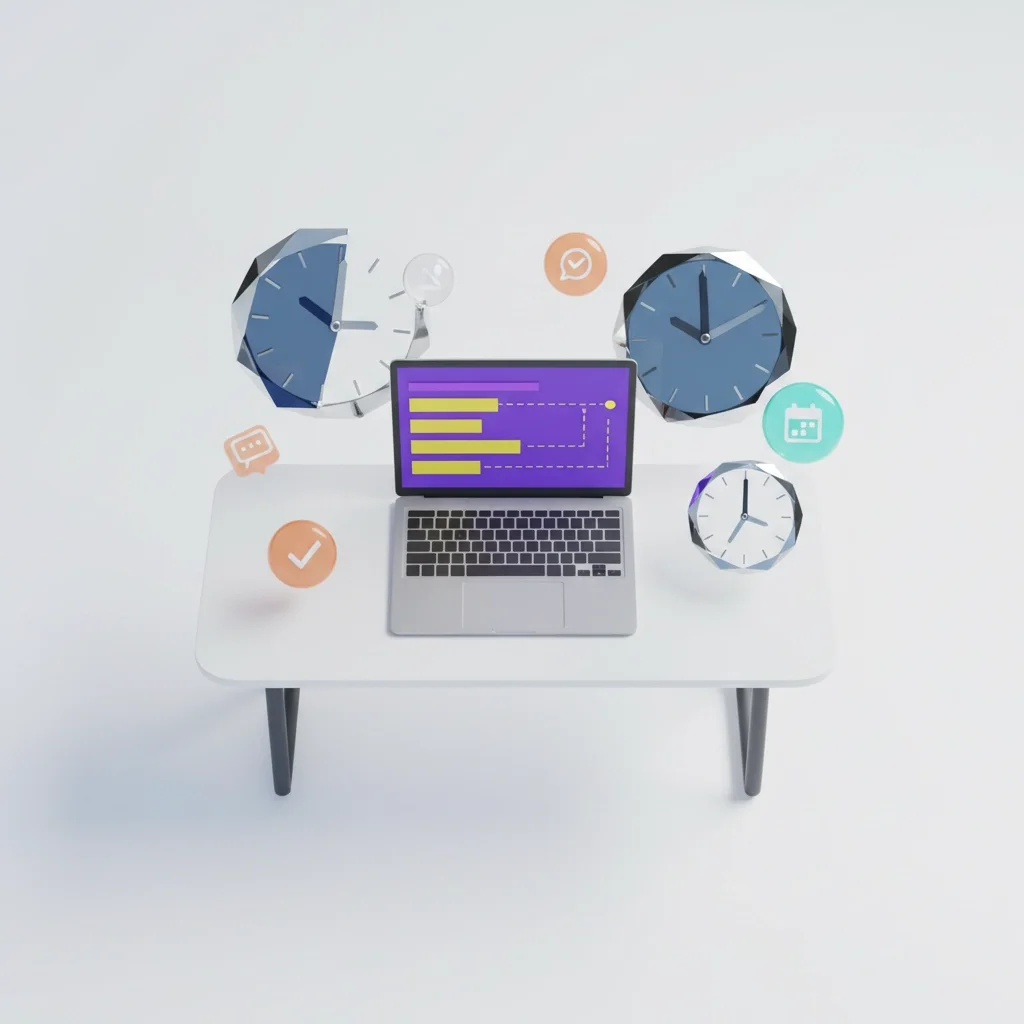 3D illustration of a laptop on a desk surrounded by floating clocks and task icons, representing time tracking and workflow management.