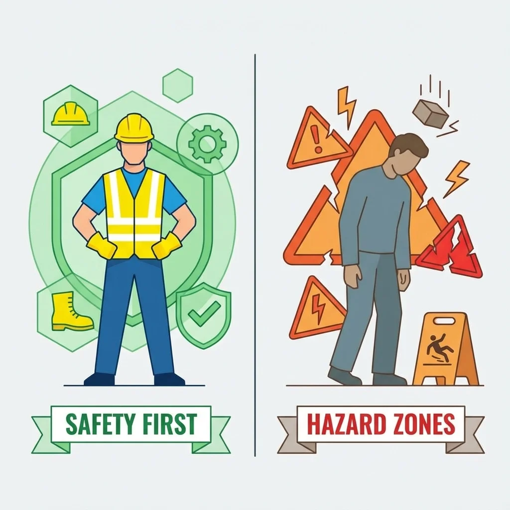 Split illustration comparing a protected worker labeled safety first with an unsafe worker surrounded by hazard warnings.