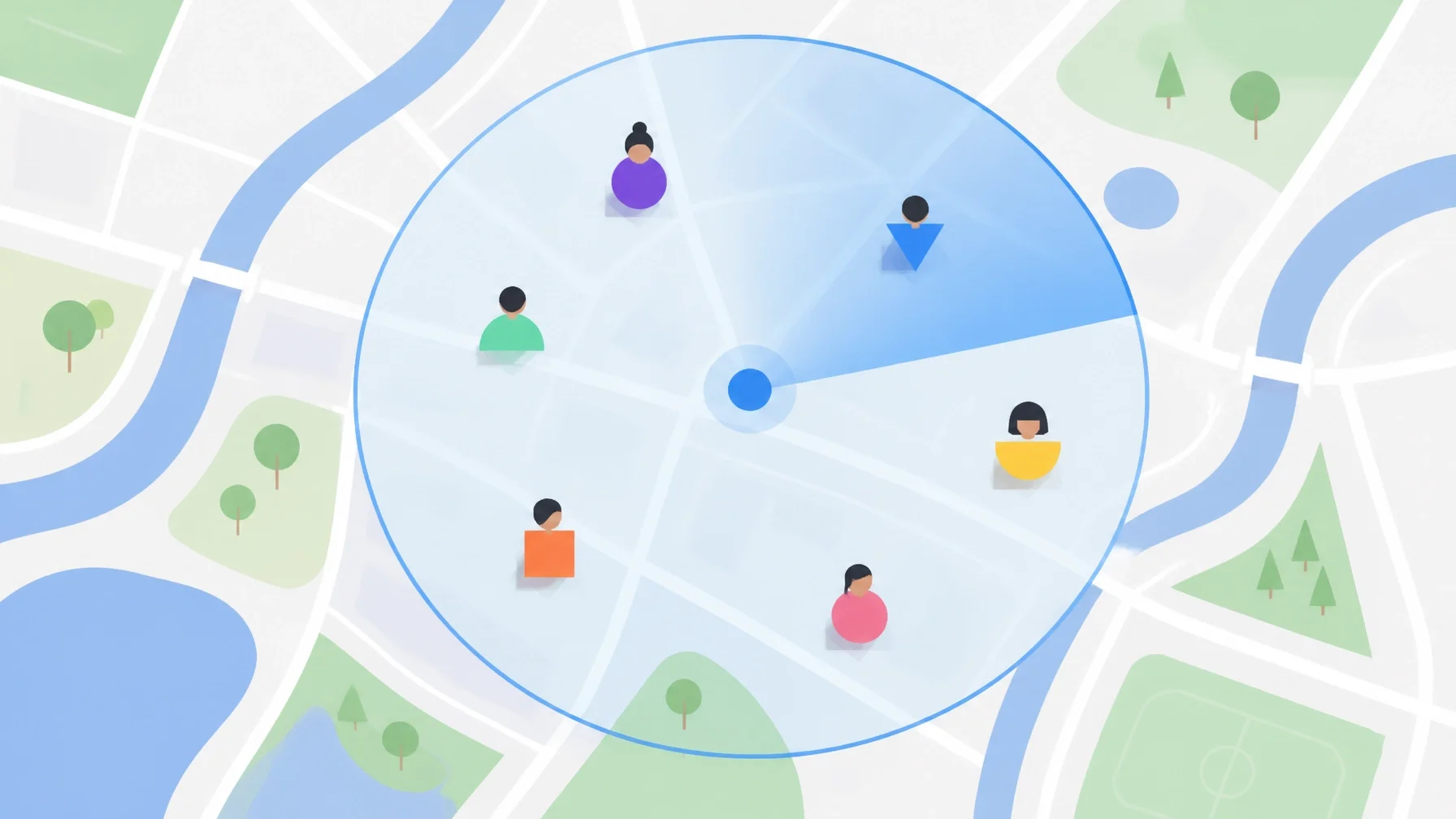 A stylized map showing remote employees under a blue radar sweep, symbolizing real-time visibility