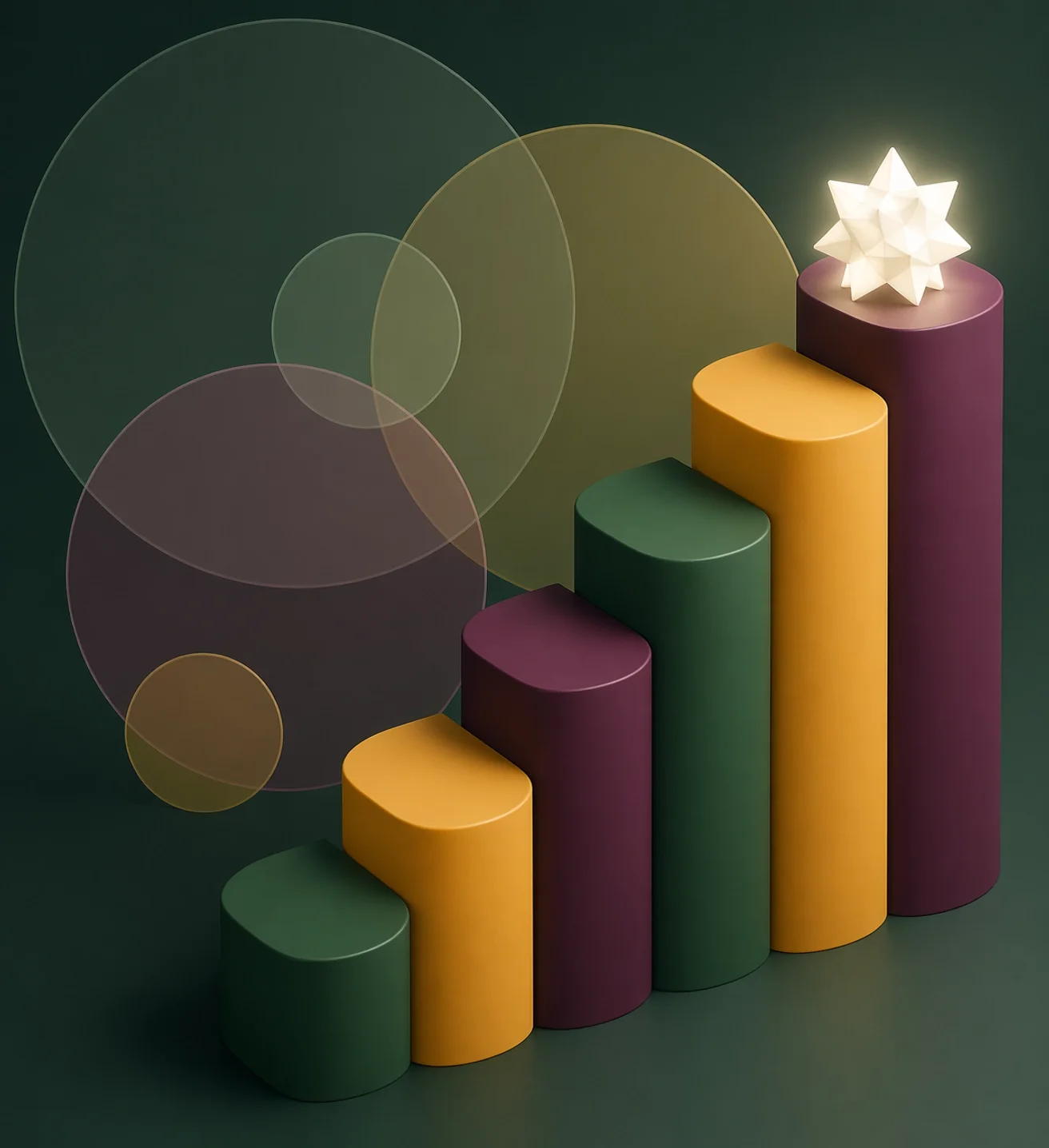 Colorful ascending bar chart with a glowing star at the top, representing growth, achievement, and reaching peak performance.