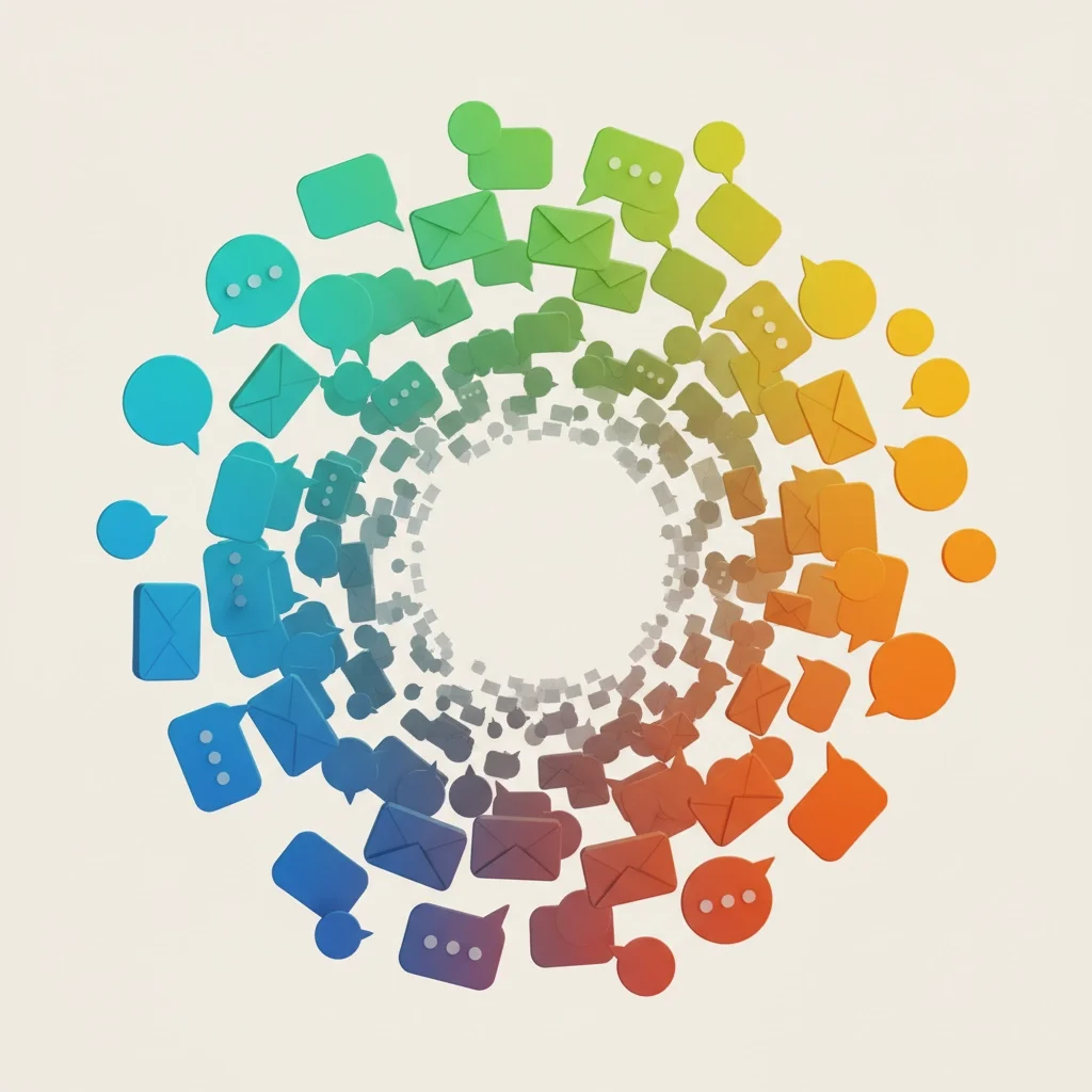 Circular spiral of colorful message bubbles and envelope icons symbolizing communication flow and digital messaging.
