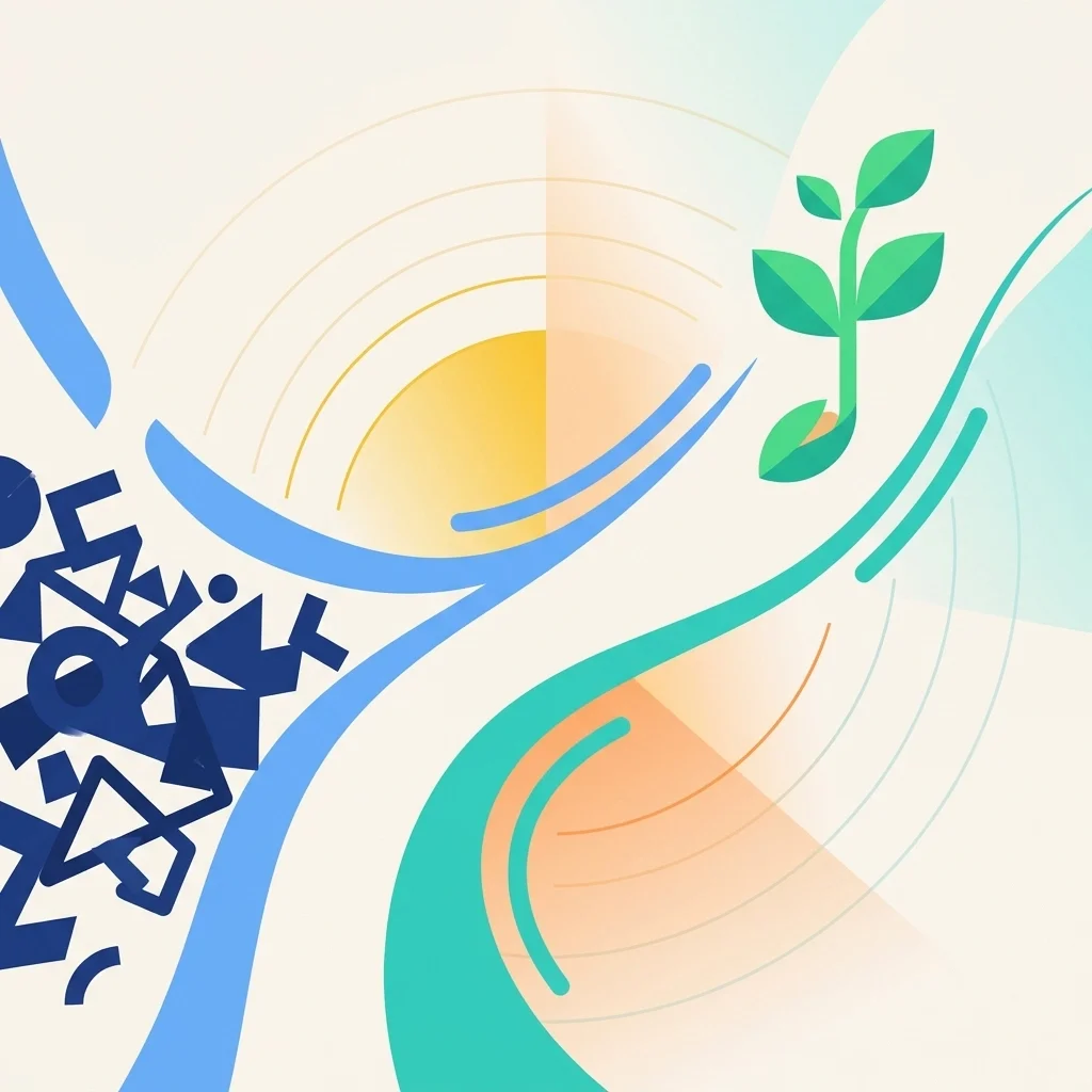 Split path with chaotic shapes on one side and a growing plant on the other, representing transformation from disorder to growth and clarity.