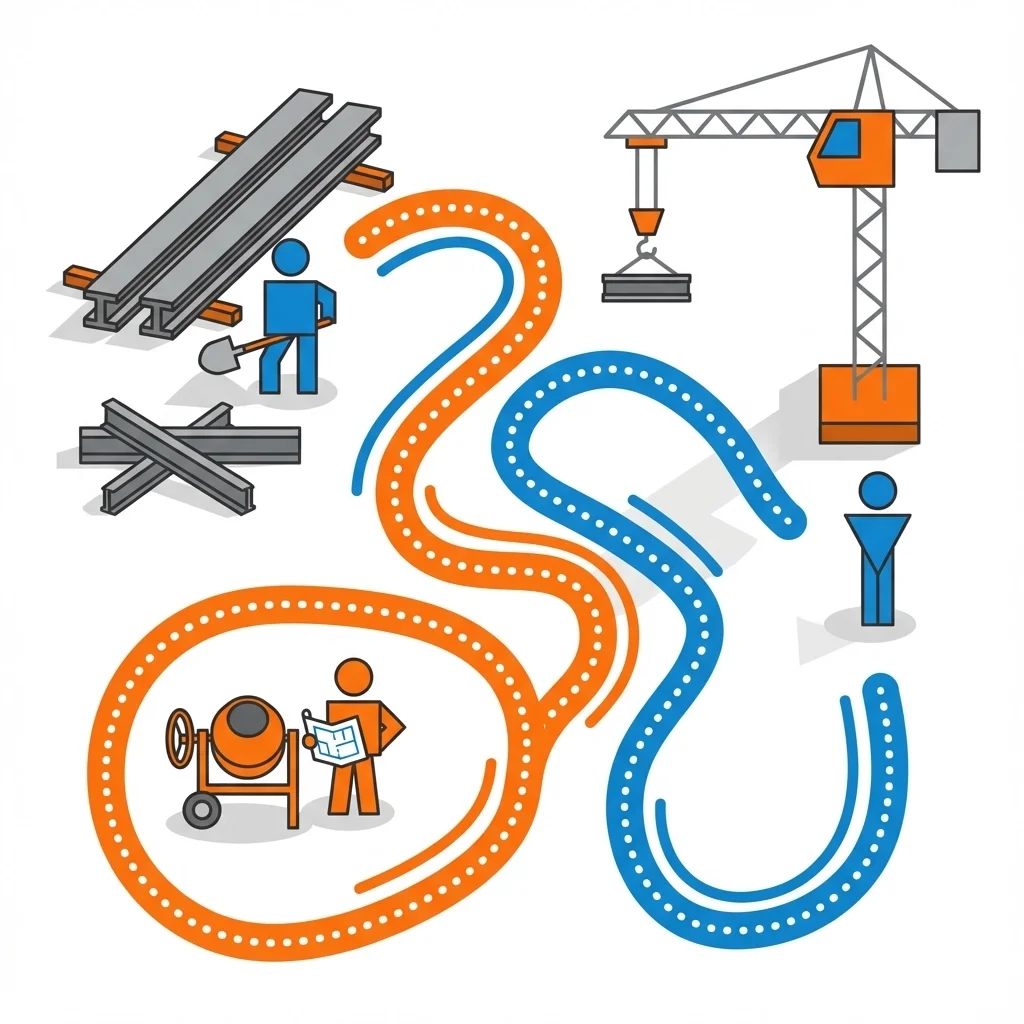 Flat illustration comparing disorganized construction tasks with a clear workflow path, highlighting process improvement on job sites.