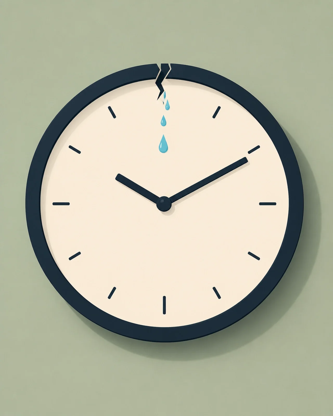 A minimalist wall clock with a tiny geometric crack at the top, leaking blue drops.