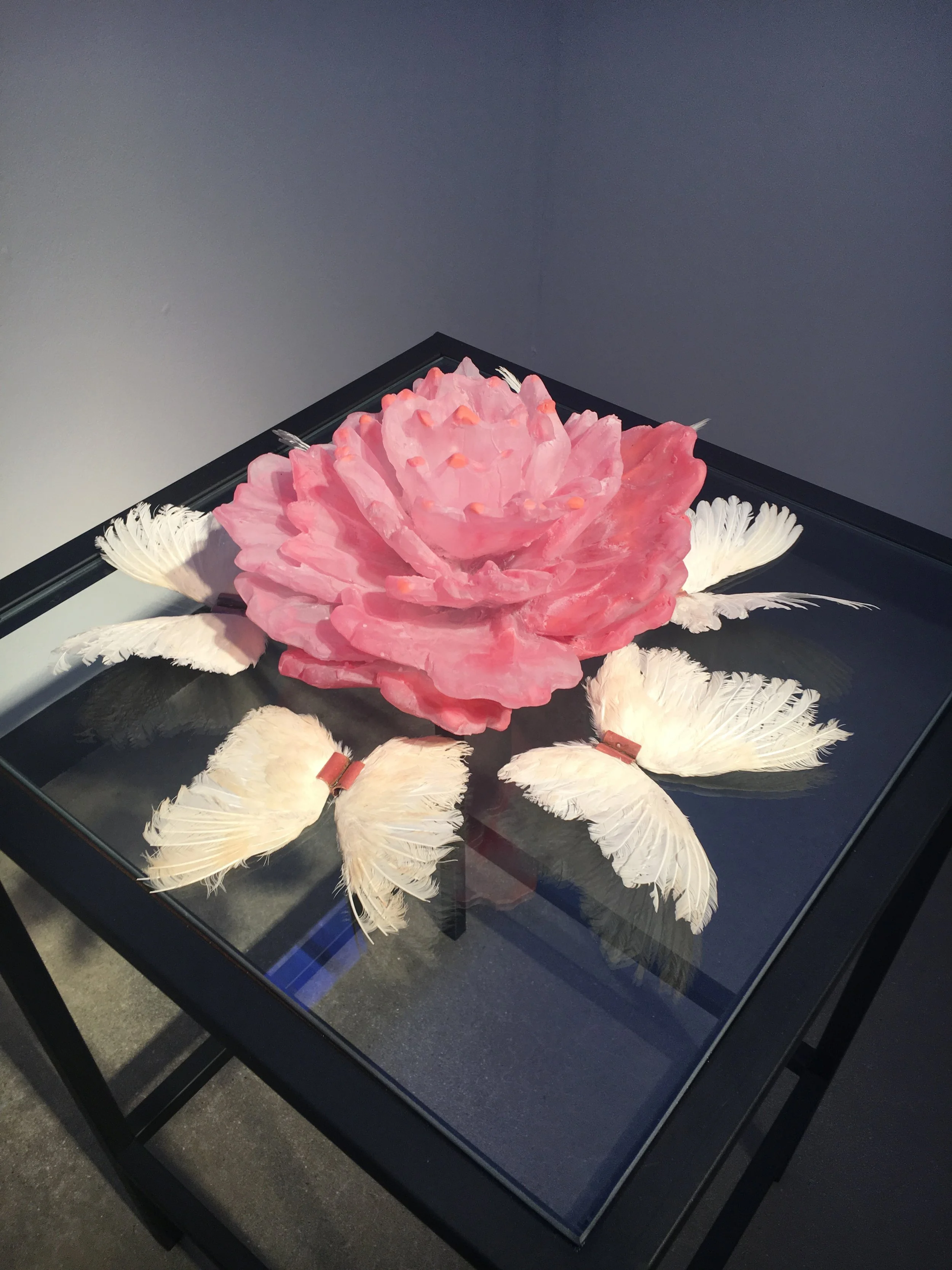 In the moment, she tried to let go.
Cast glass, quail wings, copper.
20x20x5"
2017