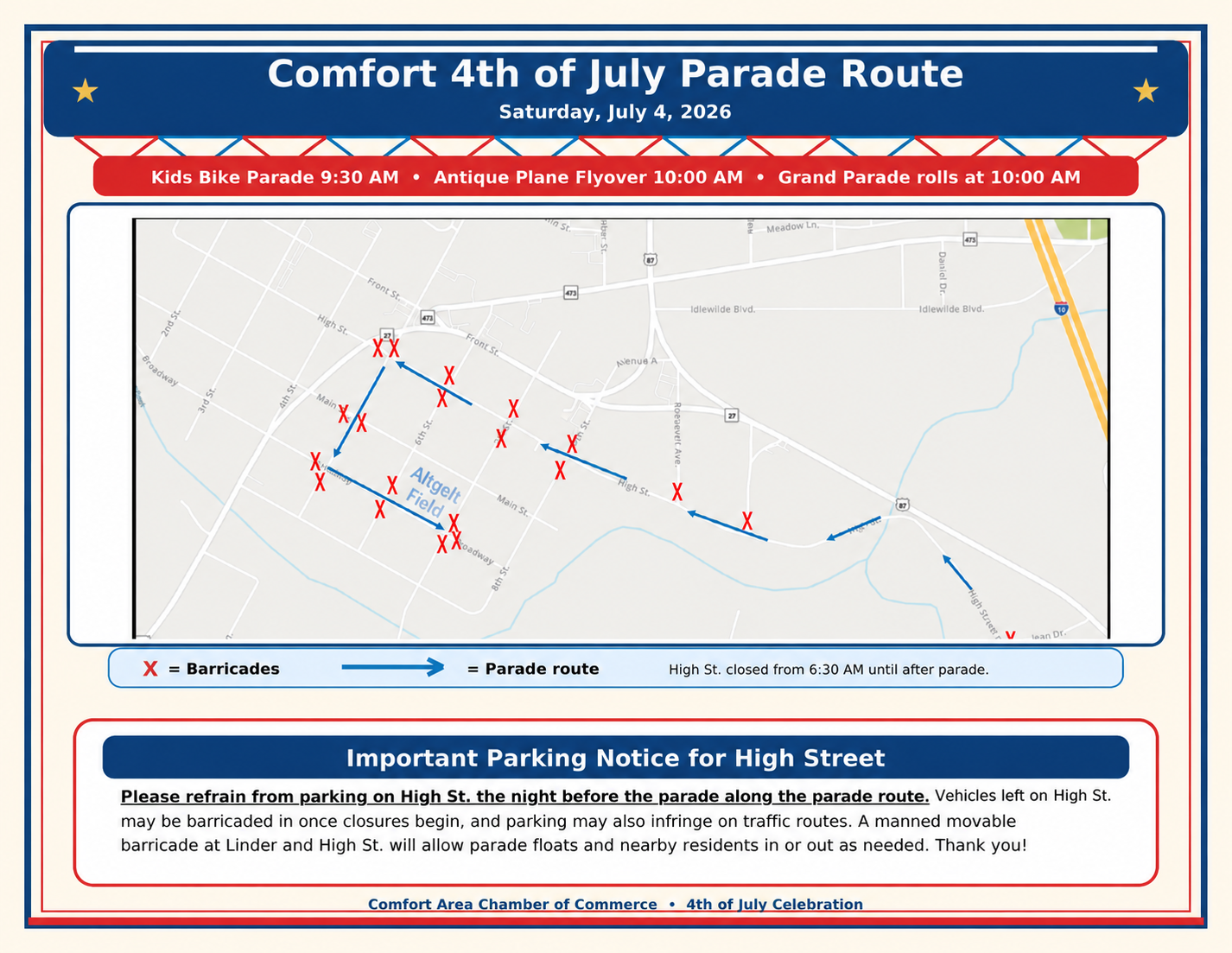 Map showing parade route marked with blue arrows, barricade locations marked with red Xs, along streets in a town, including a field labeled Altgelt Field. Text indicates parade details for July 4, 2026, with timing for kids bike parade, antique plane flyover, and grand parade, and a parking restriction notice for High Street.