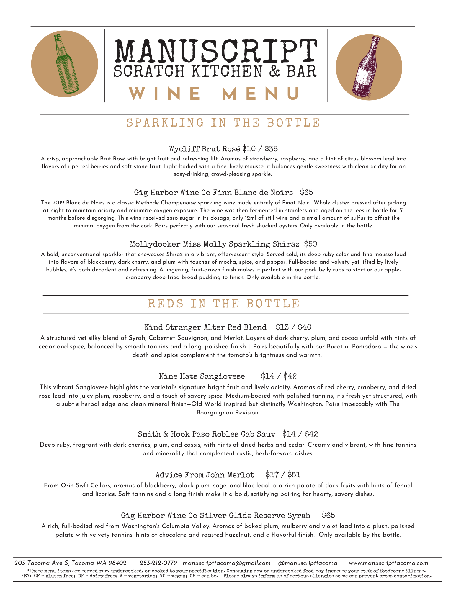 Wine menu from Manuscript Scratch Kitchen & Bar listing various wines with descriptions and prices.