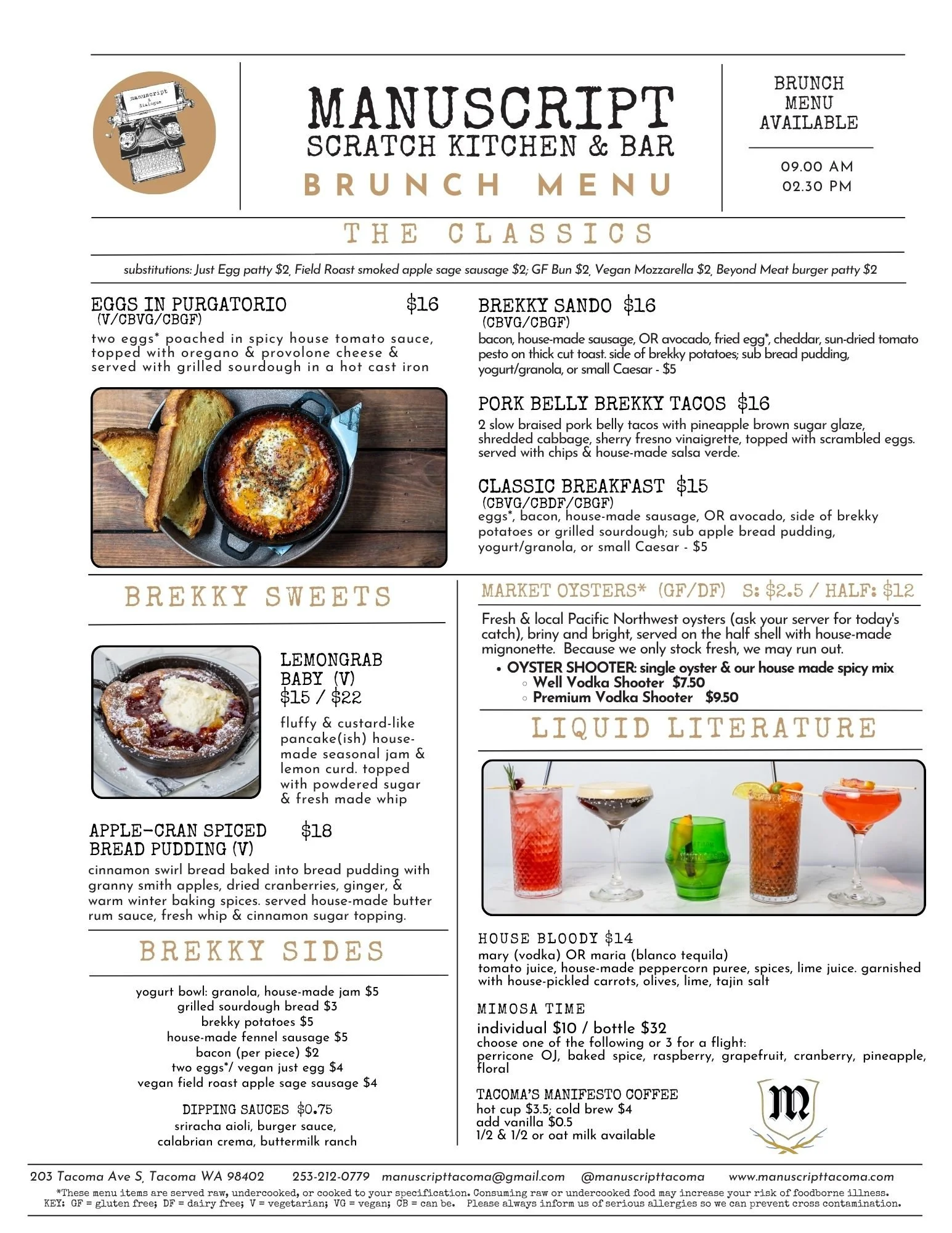 Menu from Manuscript Scratch Kitchen & Bar featuring brunch items such as eggs in purgatorio, brekky sando, pork belly brekky tacos, classic breakfast, lemongrab baby, apple-cran spiced bread pudding, house bloody, and various drinks with colorful glasses.
