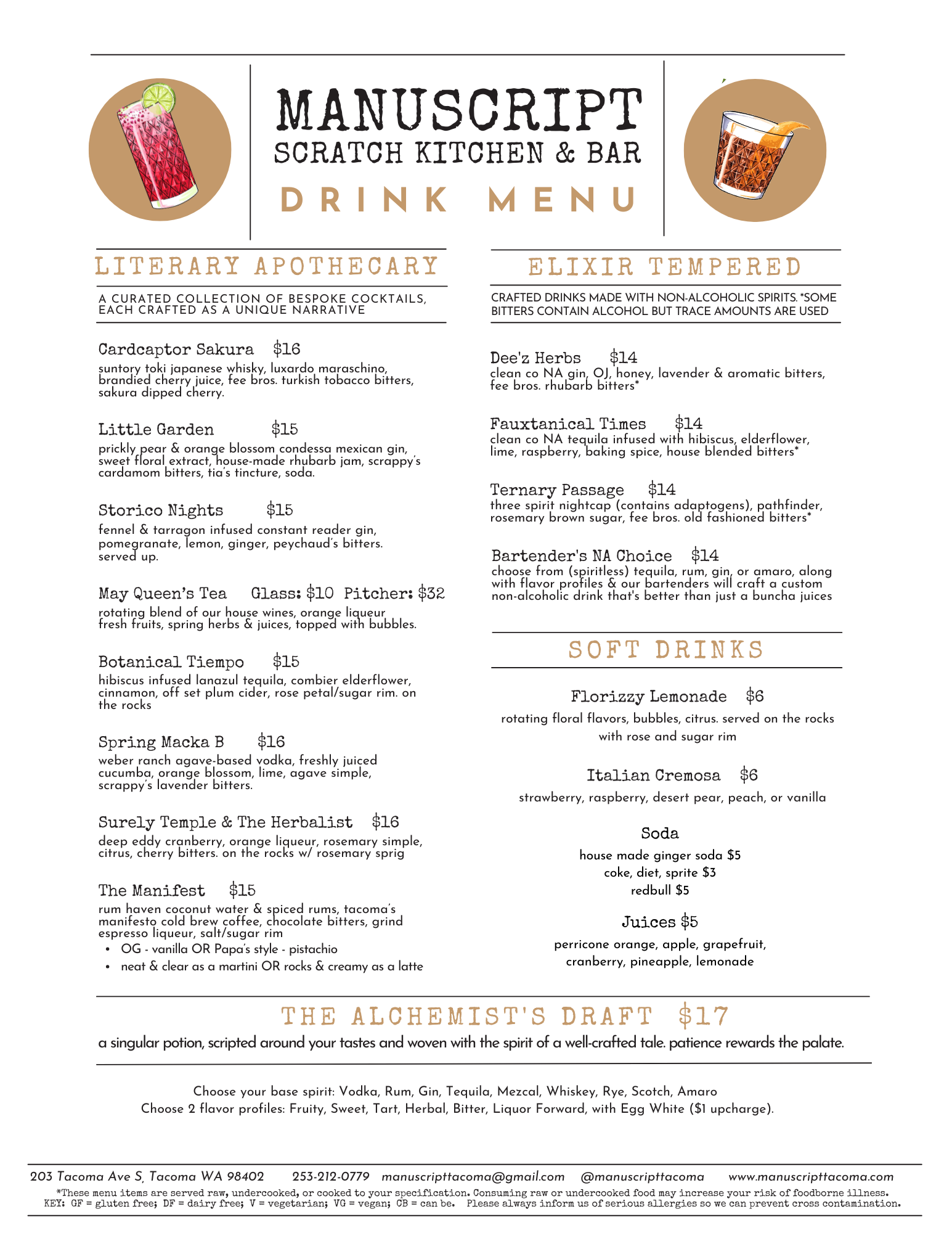 A printed drink menu from Manuscript Scratch Kitchen & Bar featuring drink categories like Literary Apothecary, Elixir Tempered, Soft Drinks, and The Alchemist's Draft with descriptions and prices. The menu includes artistic illustrations of cocktails and decorative fonts.