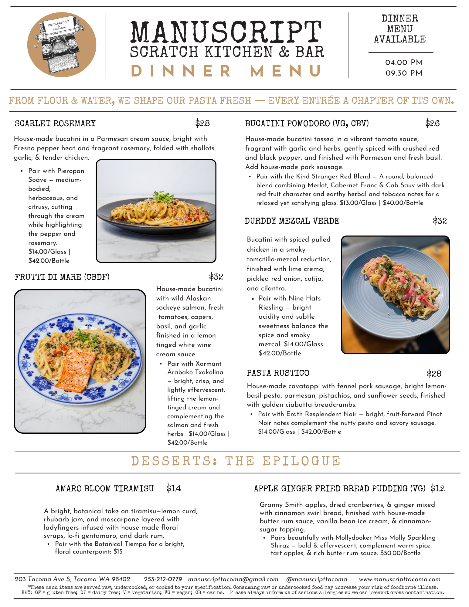 Menu from Manuscript Scratch Kitchen & Bar featuring dinner options with images of pasta dishes, including one garnished with herbs and a pink sauce, and another with a salmon fillet, along with descriptions and prices.