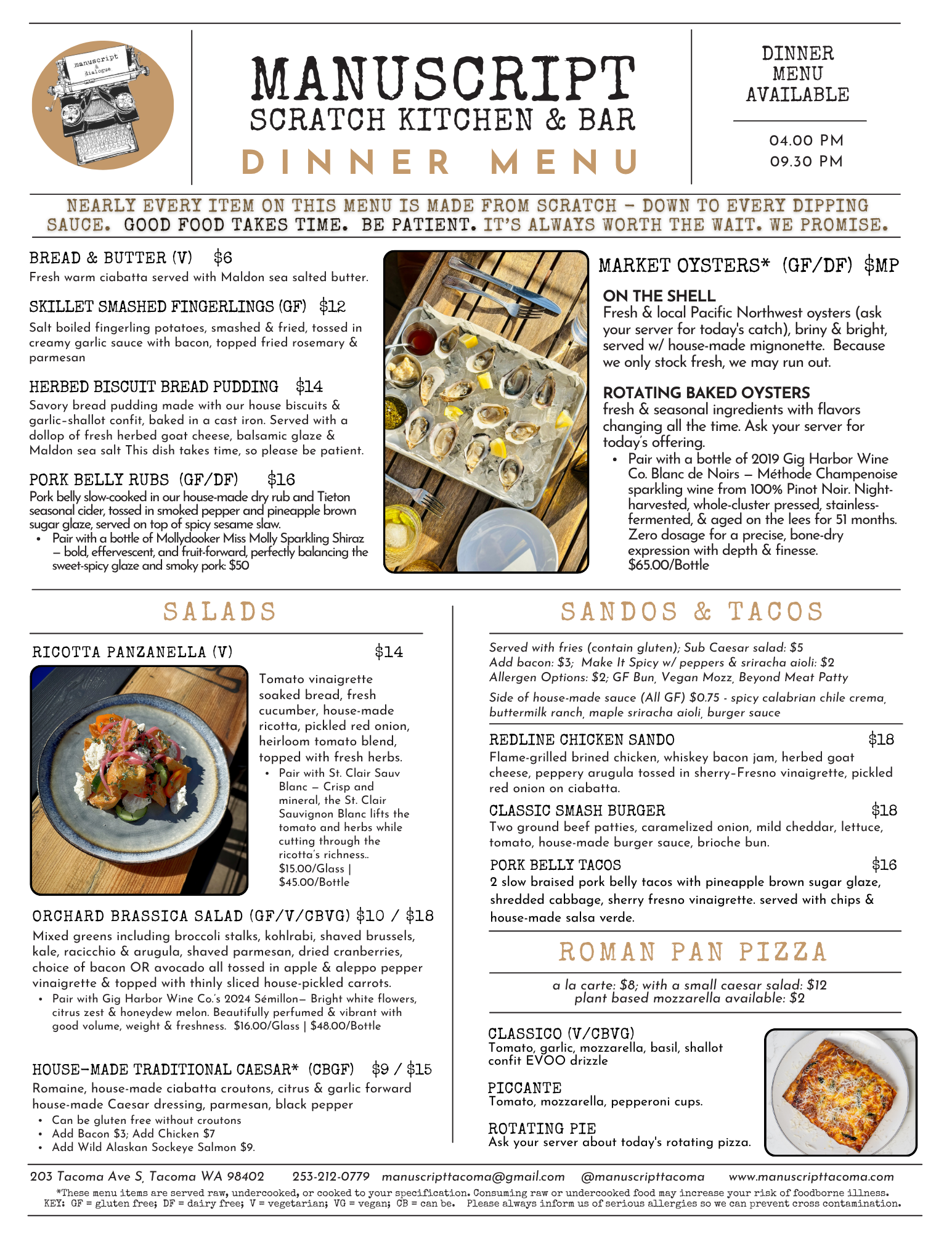 A restaurant menu from Manuscript Scratch Kitchen and Bar featuring various appetizers, salads, sandwiches, tacos, and pizzas, with a focus on fresh seafood, baked oysters, and specialty dishes.