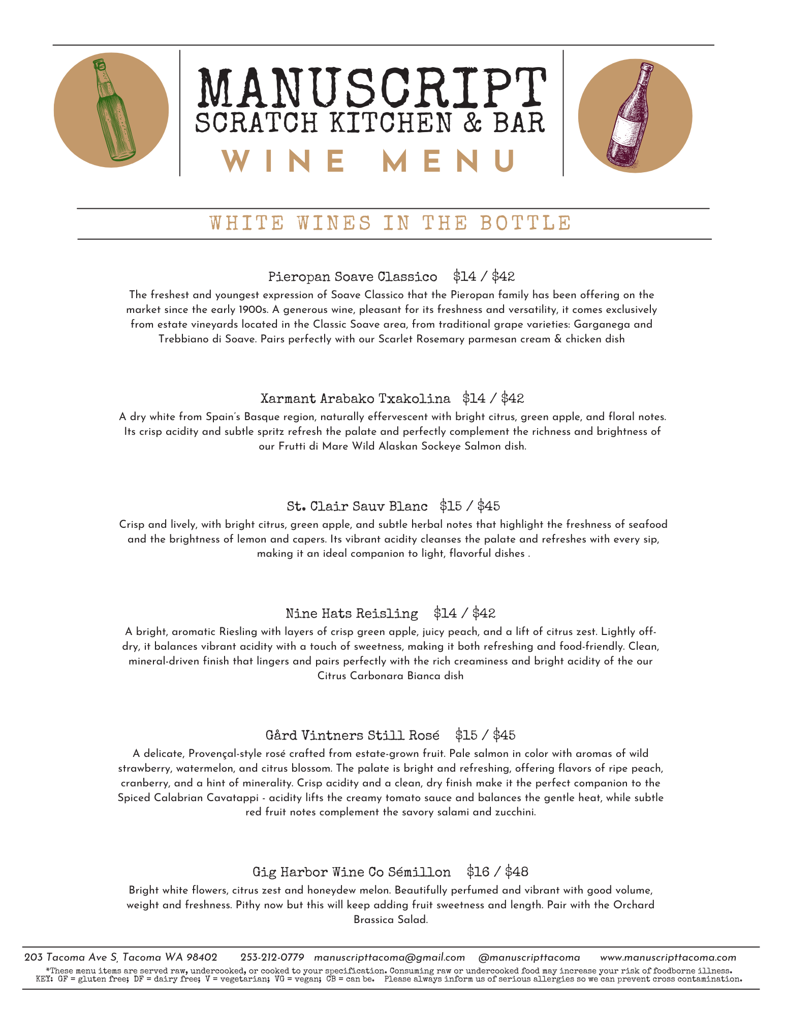 A wine menu from Manuscript Scratch Kitchen & Bar, listing several white wines with descriptions and prices, with illustrations of wine bottles at the top.
