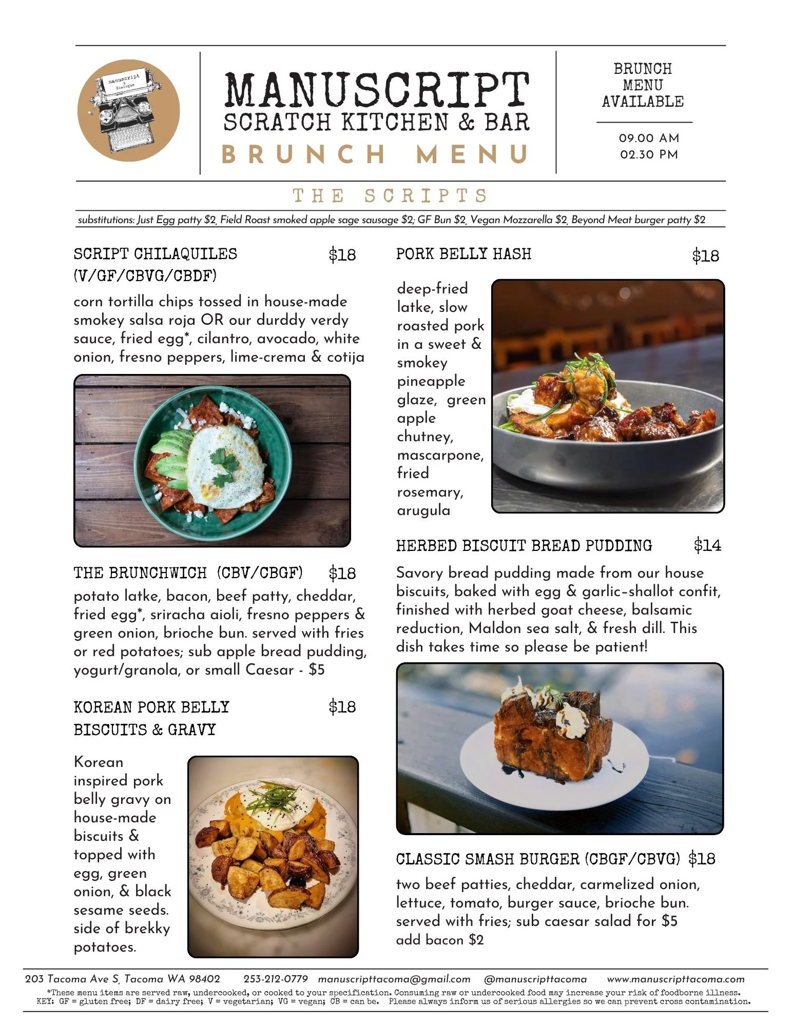 A menu page from Manuscript Scratch Kitchen & Bar featuring various brunch options with images of dishes. The dishes include script chilaquiles with salsa roja, fried egg, cilantro, avocado, onion, and peppers; pork belly hash with roasted pork in sweet smoky glaze; herb biscuit bread pudding; Korean pork belly biscuits and gravy; and classic smash burger with beef patties, cheese, and toppings.