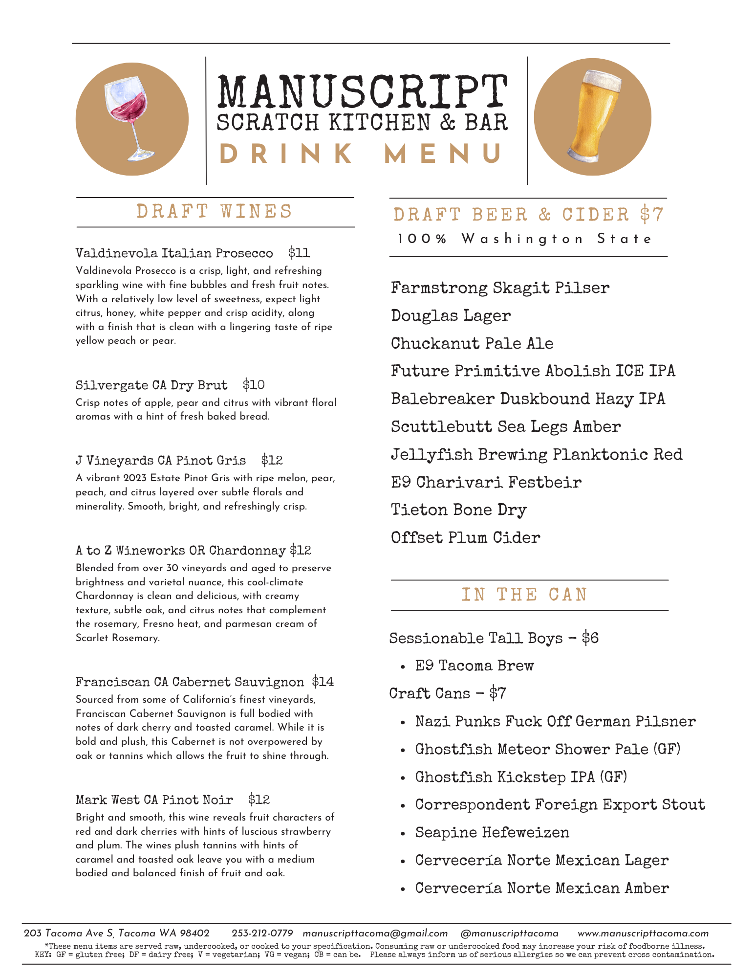 A menu from Manuscript Scratch Kitchen & Bar with drink options including draft wines, draft beer, and canned beverages, featuring various wine and beer descriptions and prices.