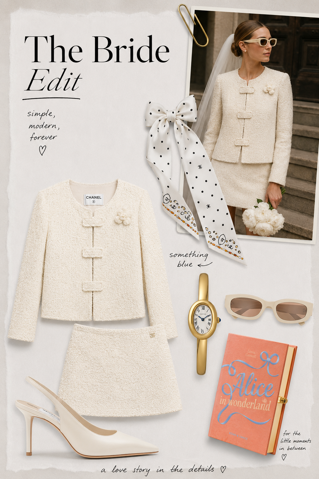 Vintage Chanel ivory suit styled flat lay — bridal-worthy Cruise 2004 set with silk scarf