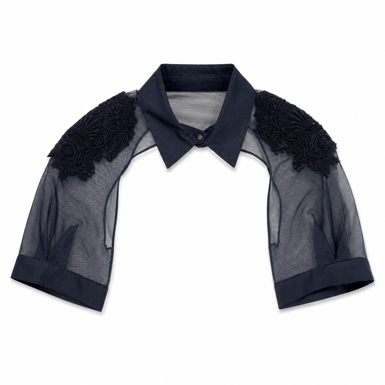 Vintage sheer silk organza layering piece with structured collar, cropped sleeves, and guipure lace embroidery