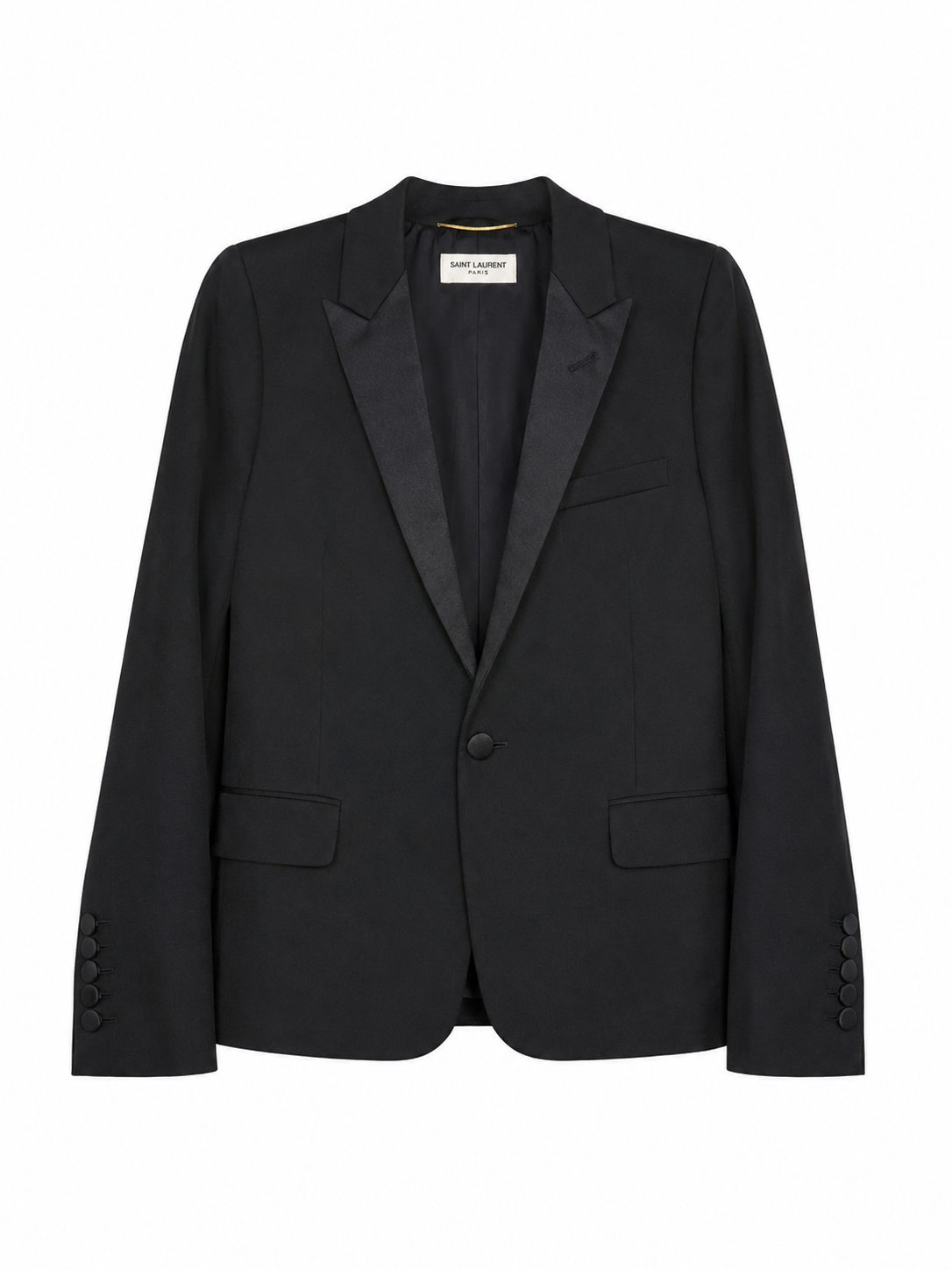 Saint Laurent Le Smoking tuxedo jacket in black grain de poudre wool with satin peak lapels — front