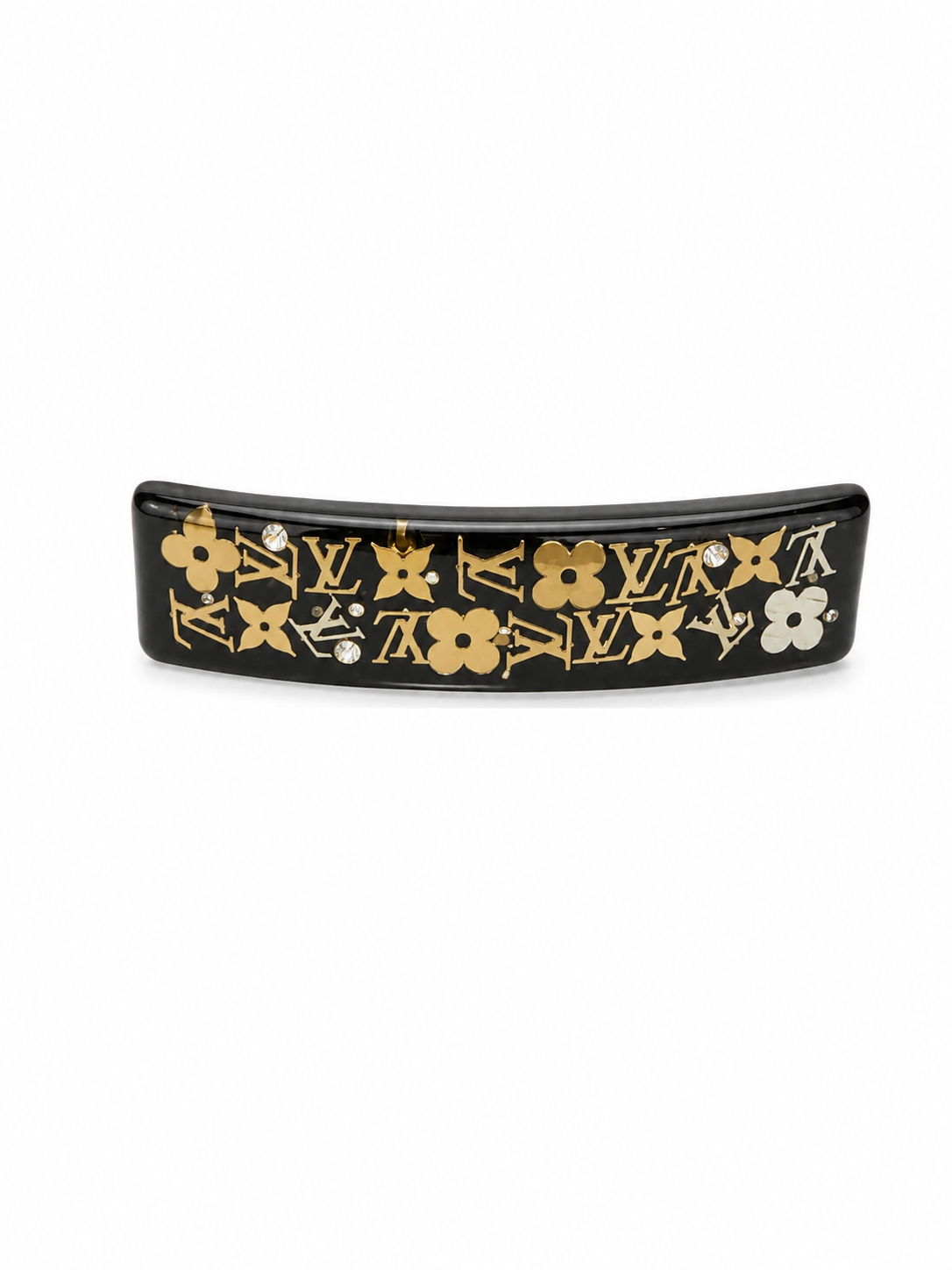 Louis Vuitton black resin barrette hair clip with monogram flowers and rhinestone accents