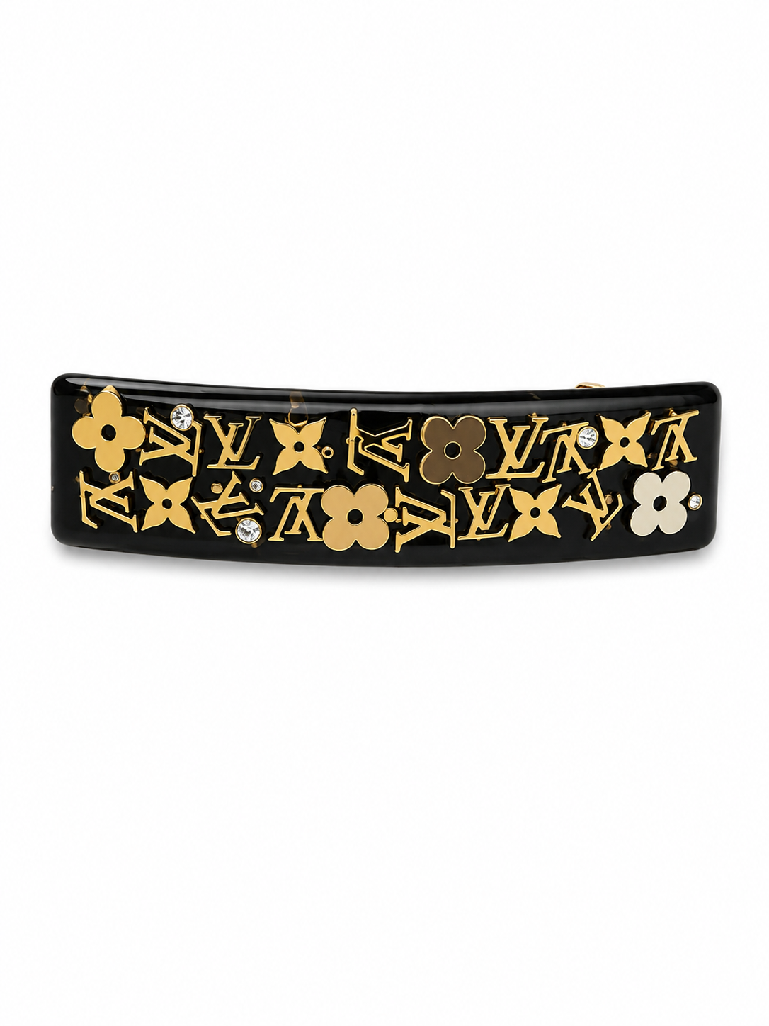 Louis Vuitton rhinestone resin hair clip — angled view of monogram flower inlay