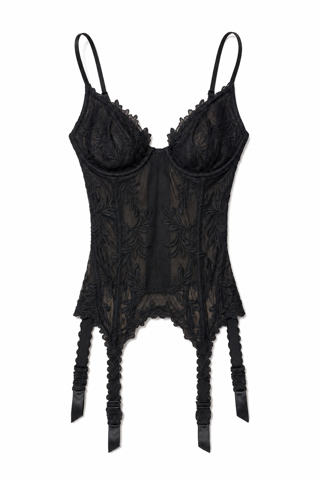 Vintage La Perla black lace corset basque — side view with scalloped lace trim