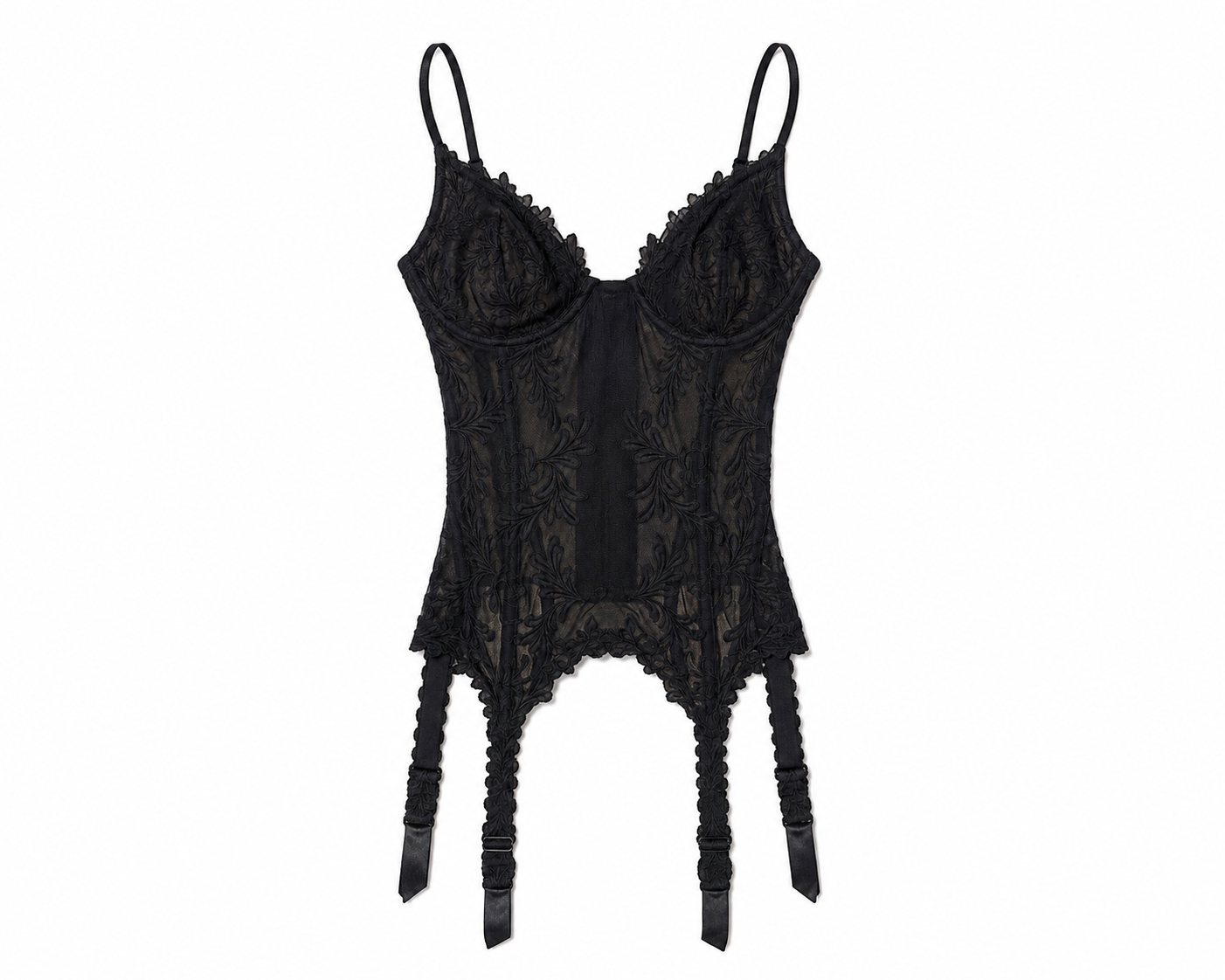 Vintage La Perla lace corset basque in black — front with underwired cups and garter straps