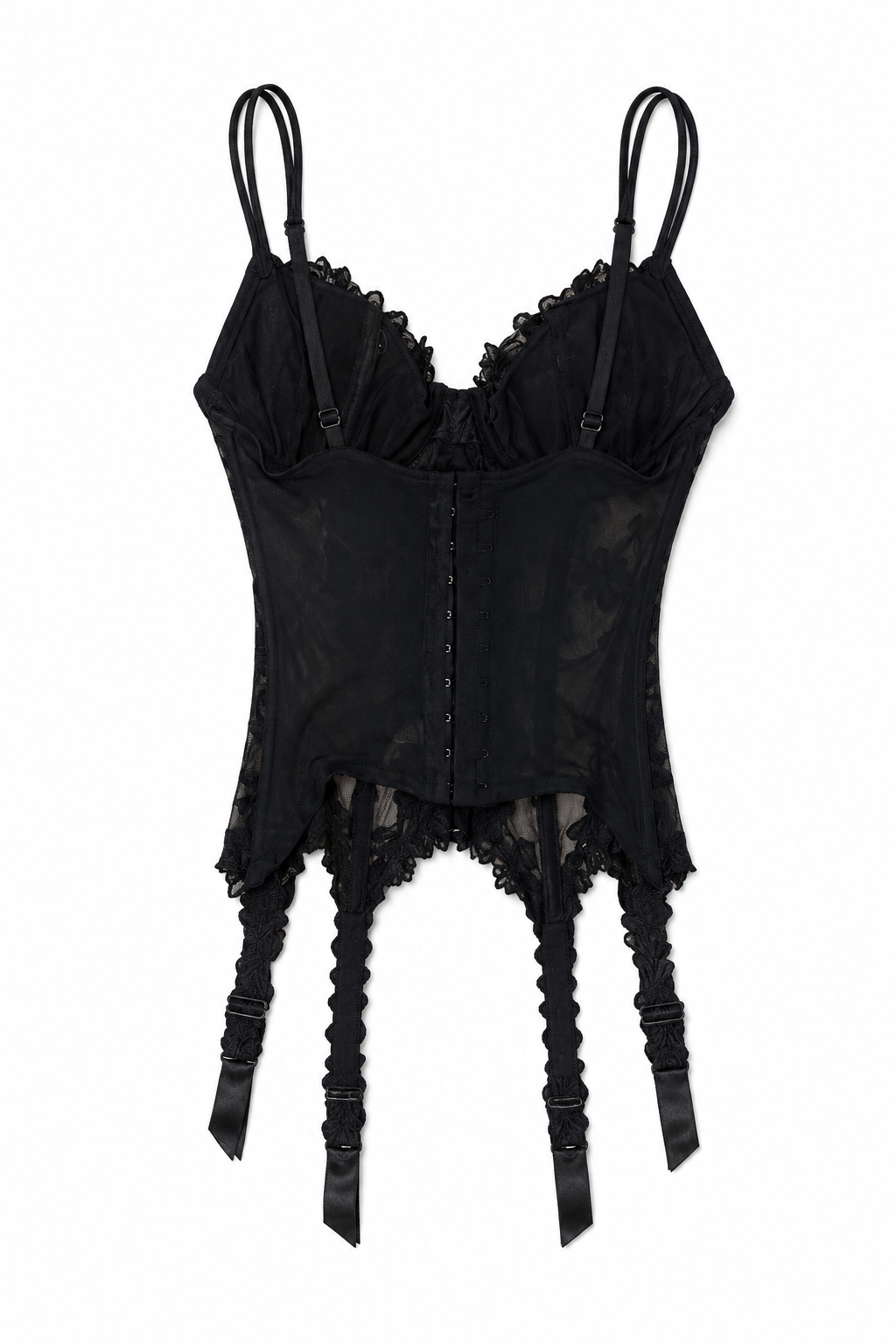 Vintage La Perla black lace corset basque — structured paneling with front hook closure and garters