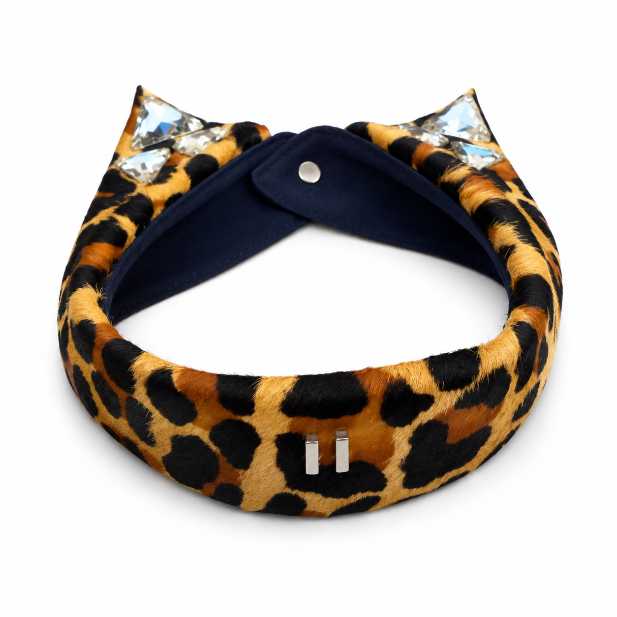 Vintage leopard ponyhair crystal collar — back with navy neoprene and grommet closure