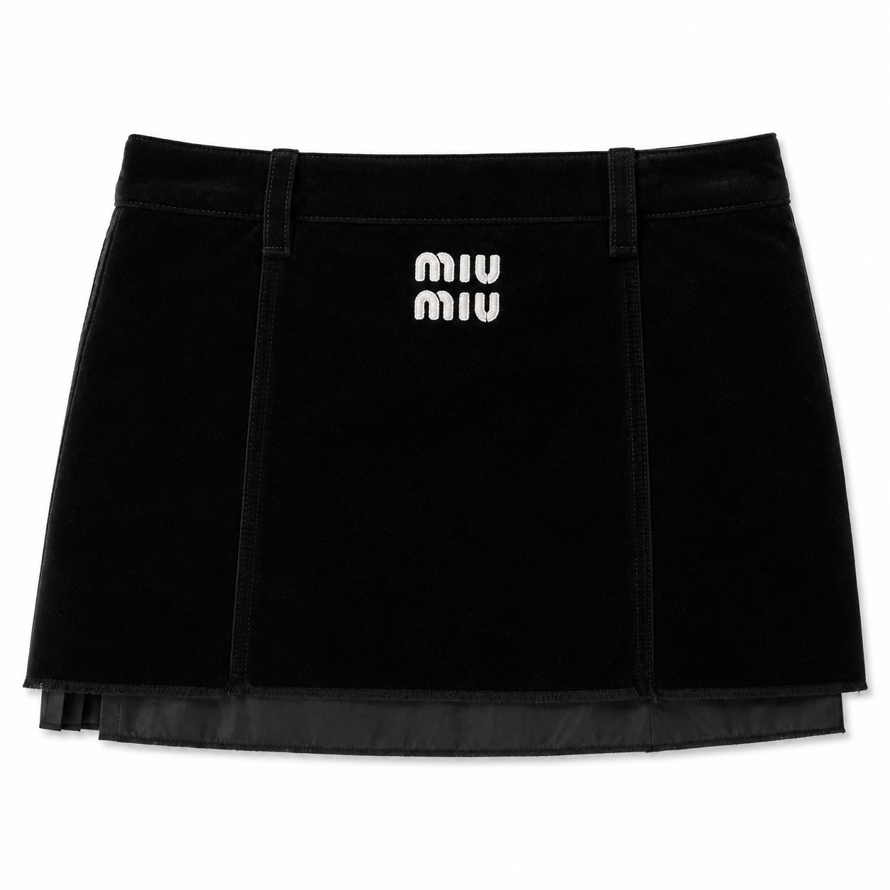 Miu Miu black velvet miniskirt with chenille-embroidered logo at front