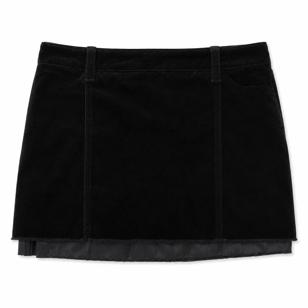Miu Miu black cotton velvet miniskirt with raw frayed hem — back view