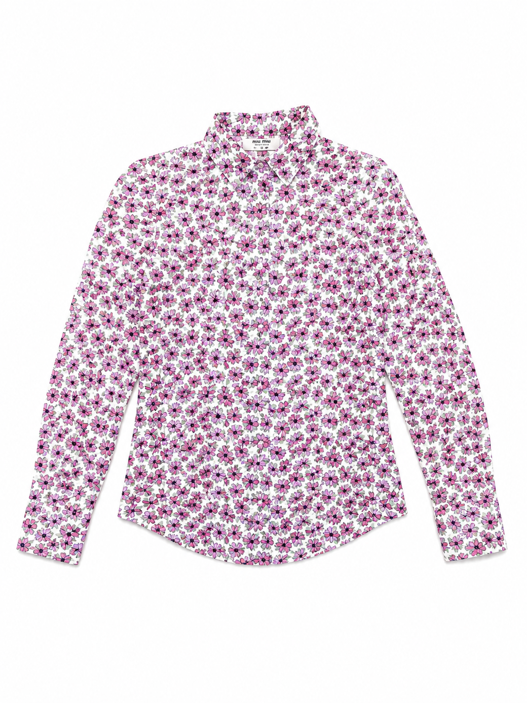 Miu Miu x Ken Scott silk shirt in fuchsia and pink floral archive print — front, circa 2015