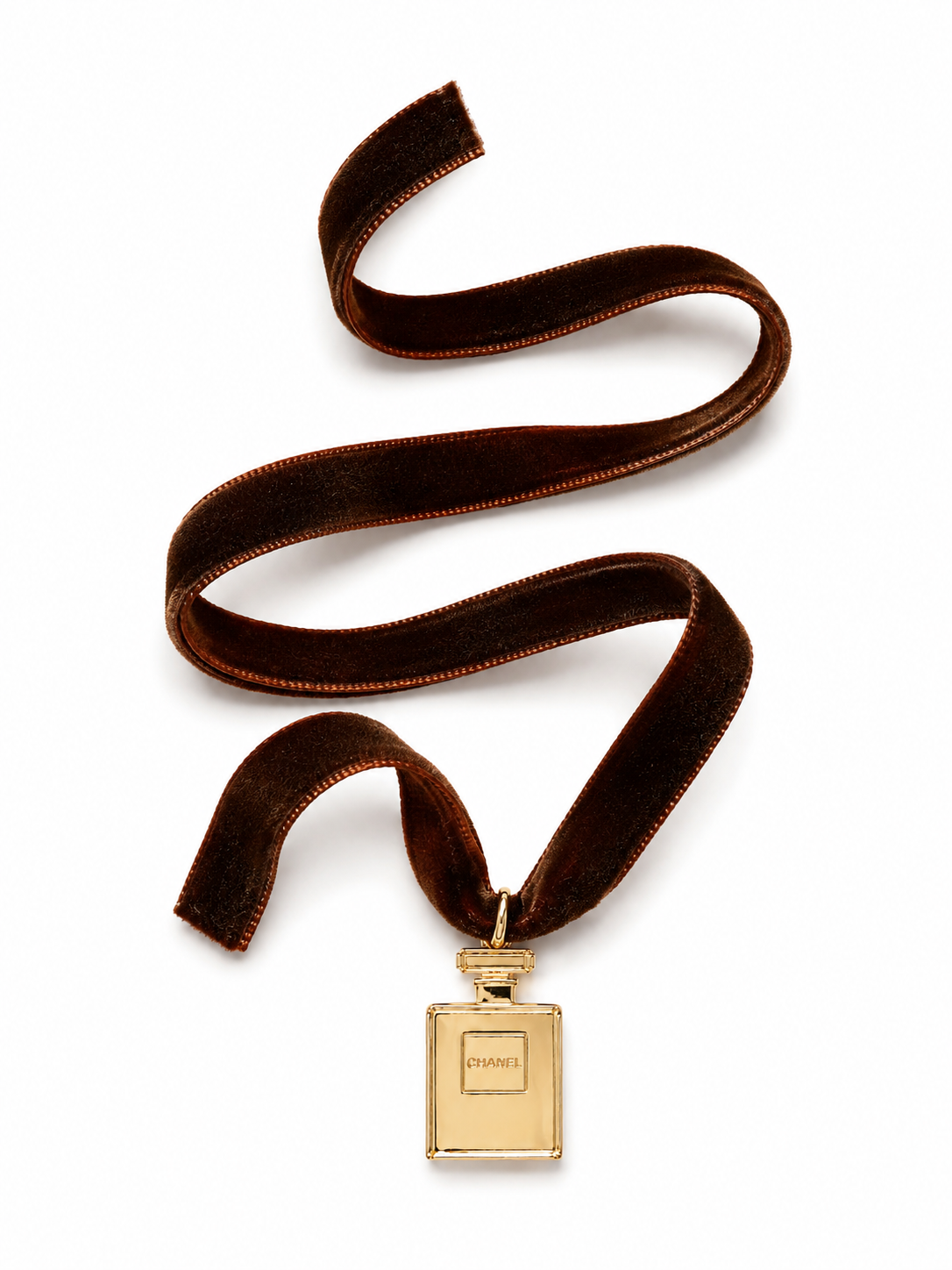 Reimagined Chanel No. 5 choker — velvet ribbon coiled with mini perfume bottle charm