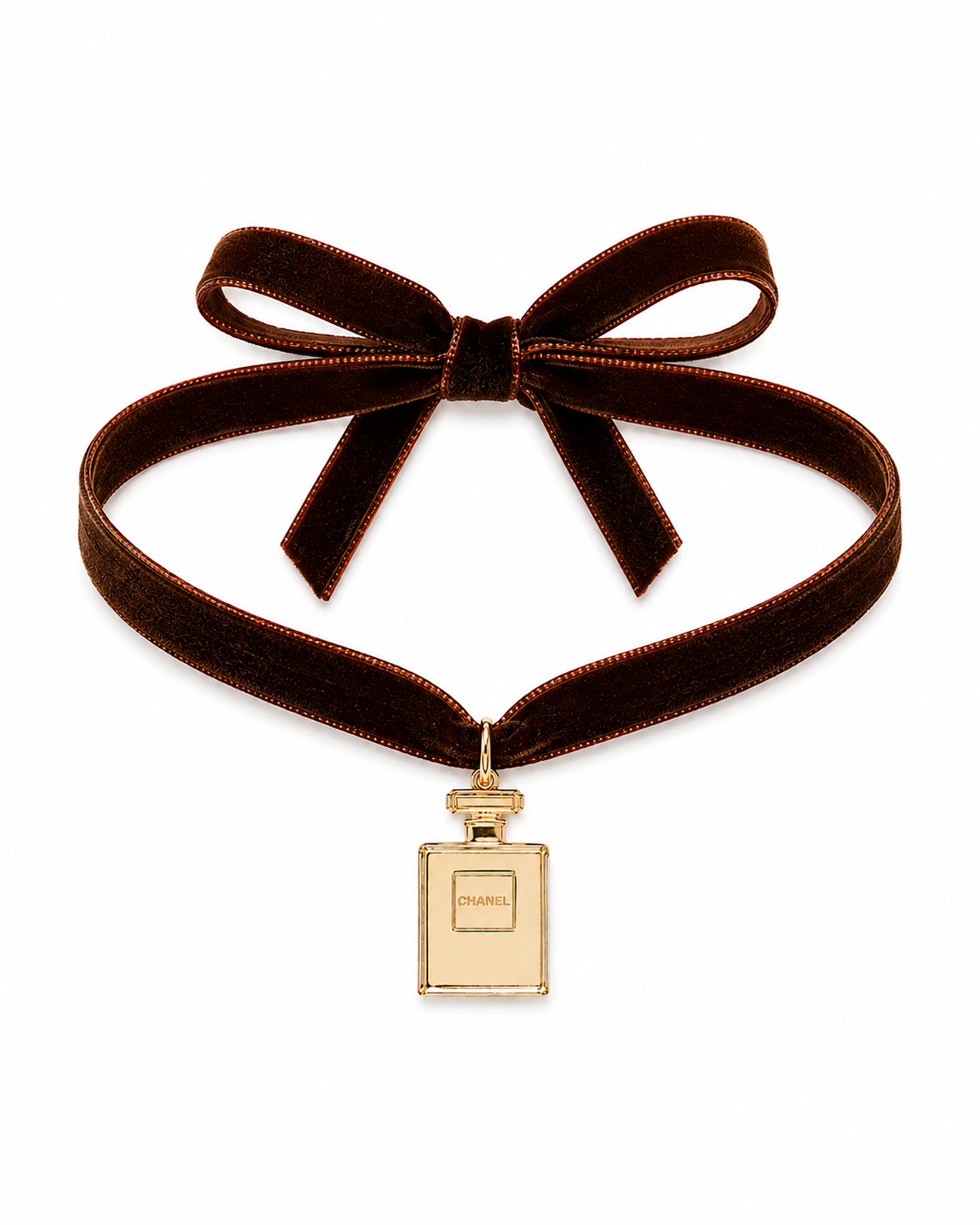 Reimagined Chanel No. 5 choker tied in a velvet bow with mini perfume bottle pendant