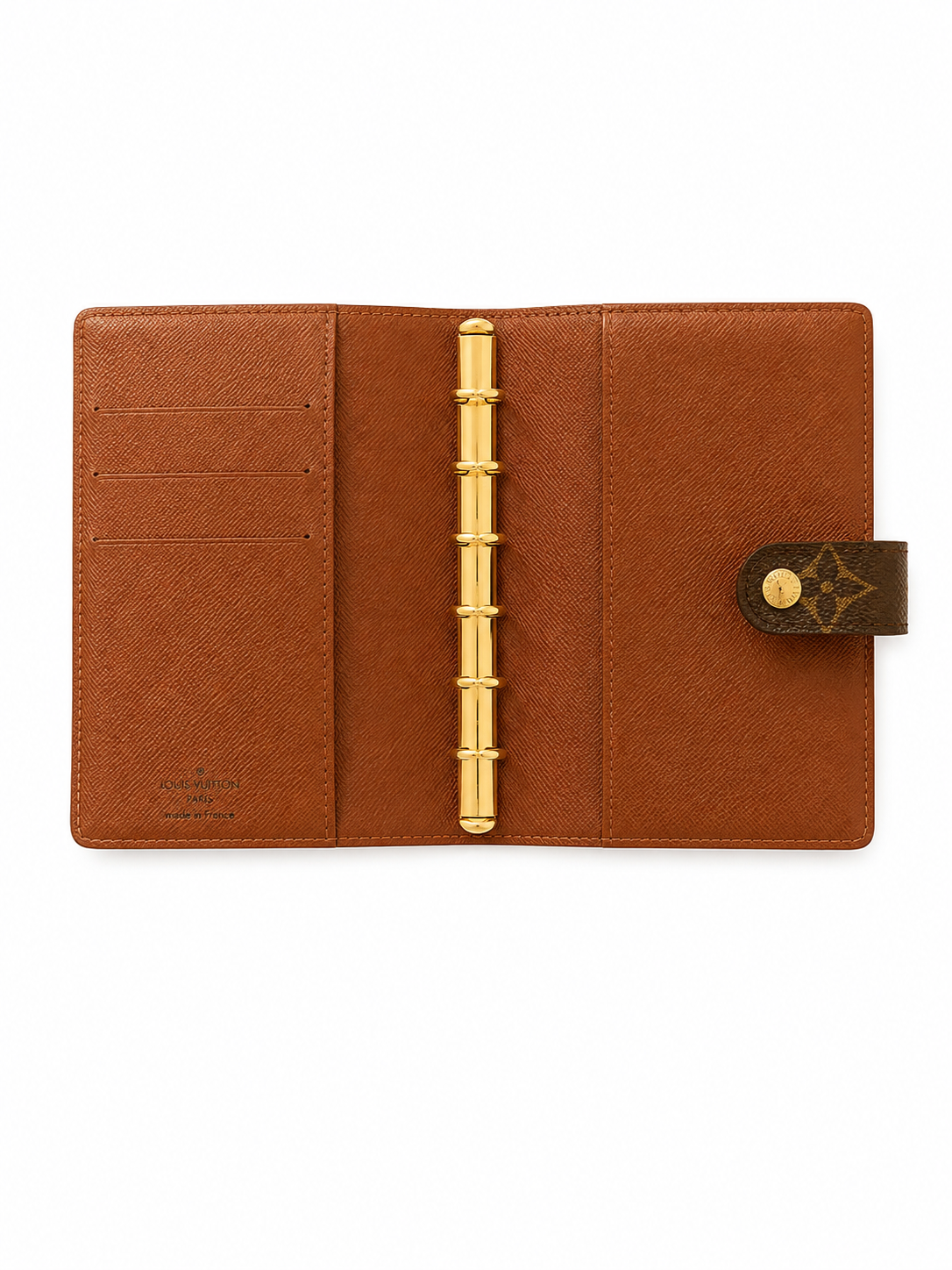 Vintage Louis Vuitton Agenda PM — open interior showing cross-grain leather lining and ring binder