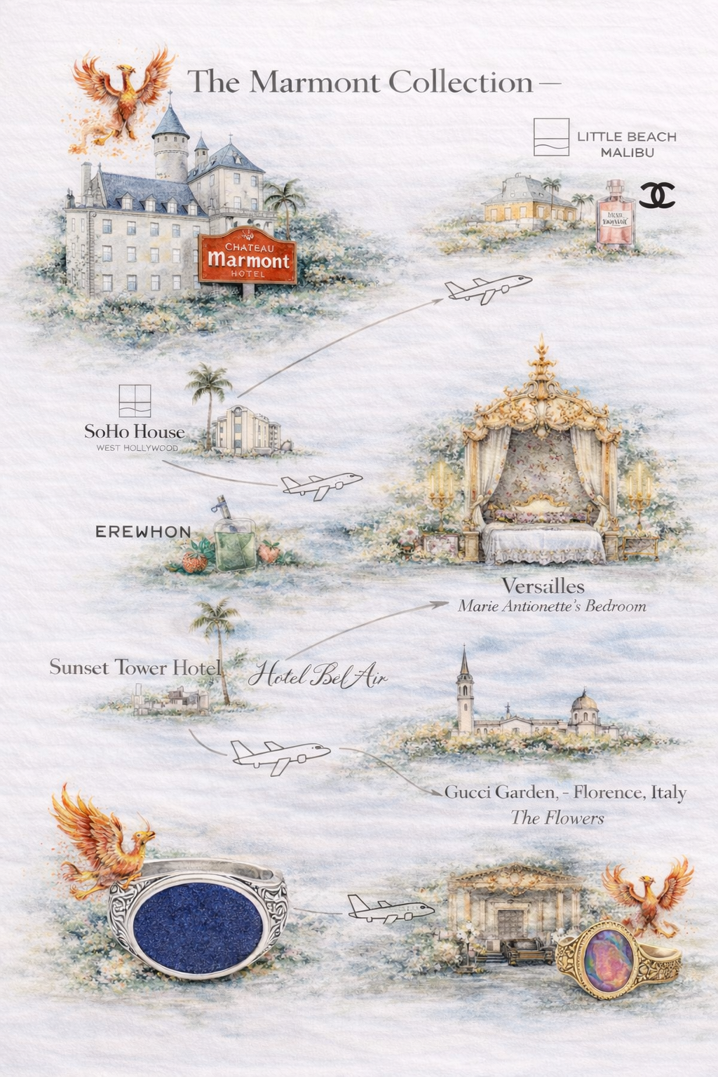 Illustrated map showing travel routes from a hotel in Beverly Hills to various places including Versailles in France, Gucci Garden in Italy, Sunset Tower Hotel, EREWON, SoHo House in West Hollywood, Little Beach Malibu, and Château Marmont, with images of an eagle, rings, and decorative elements.