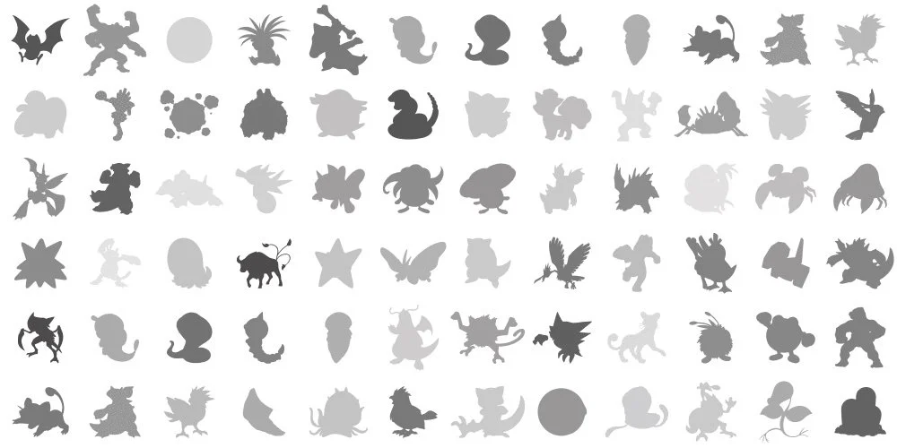 Graue Silhouetten verschiedener Pokémon-Charaktere vor einem weißen Hintergrund.