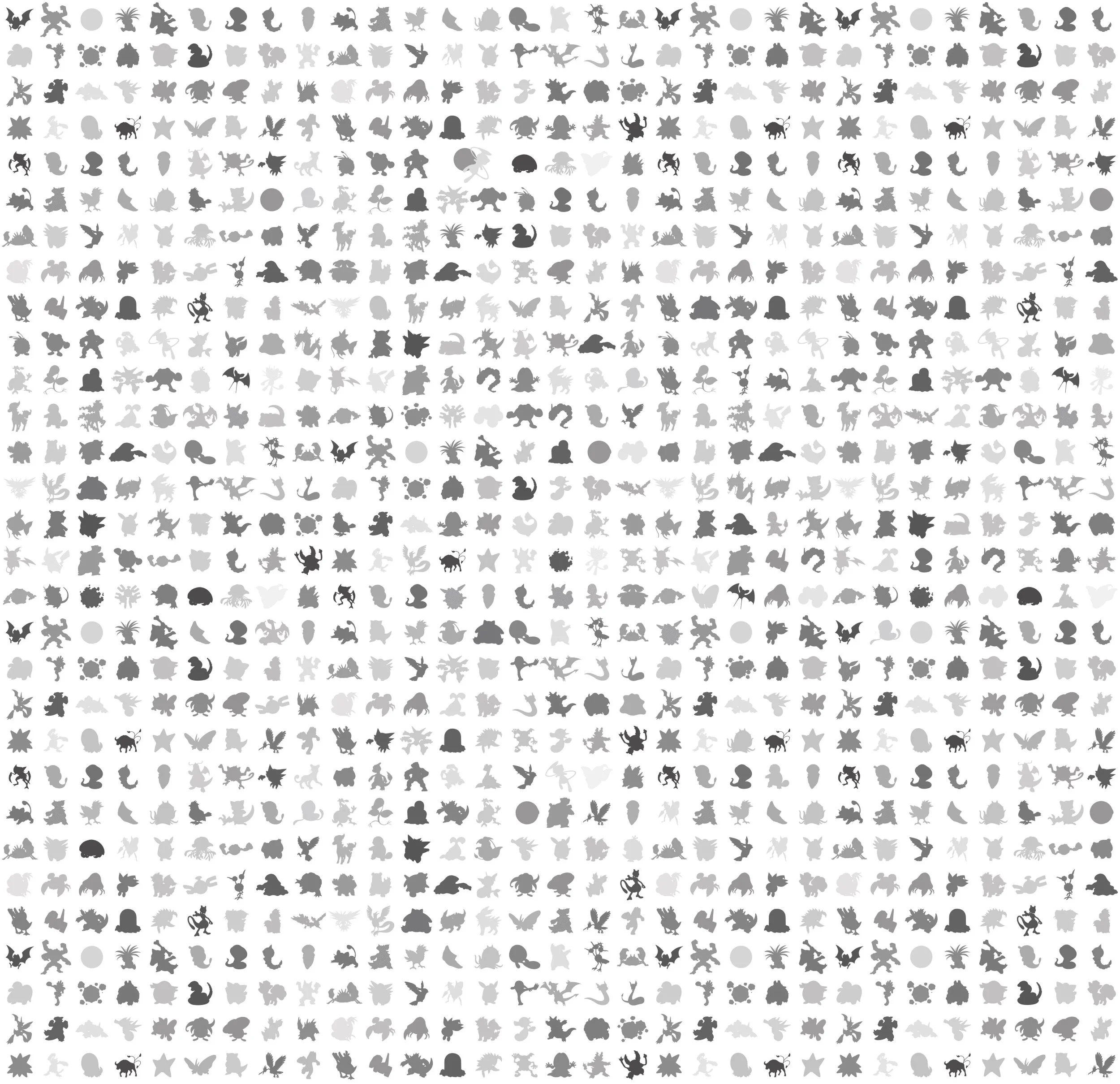 Silhouetten verschiedener Pokémon auf weißem Hintergrund angeordnet