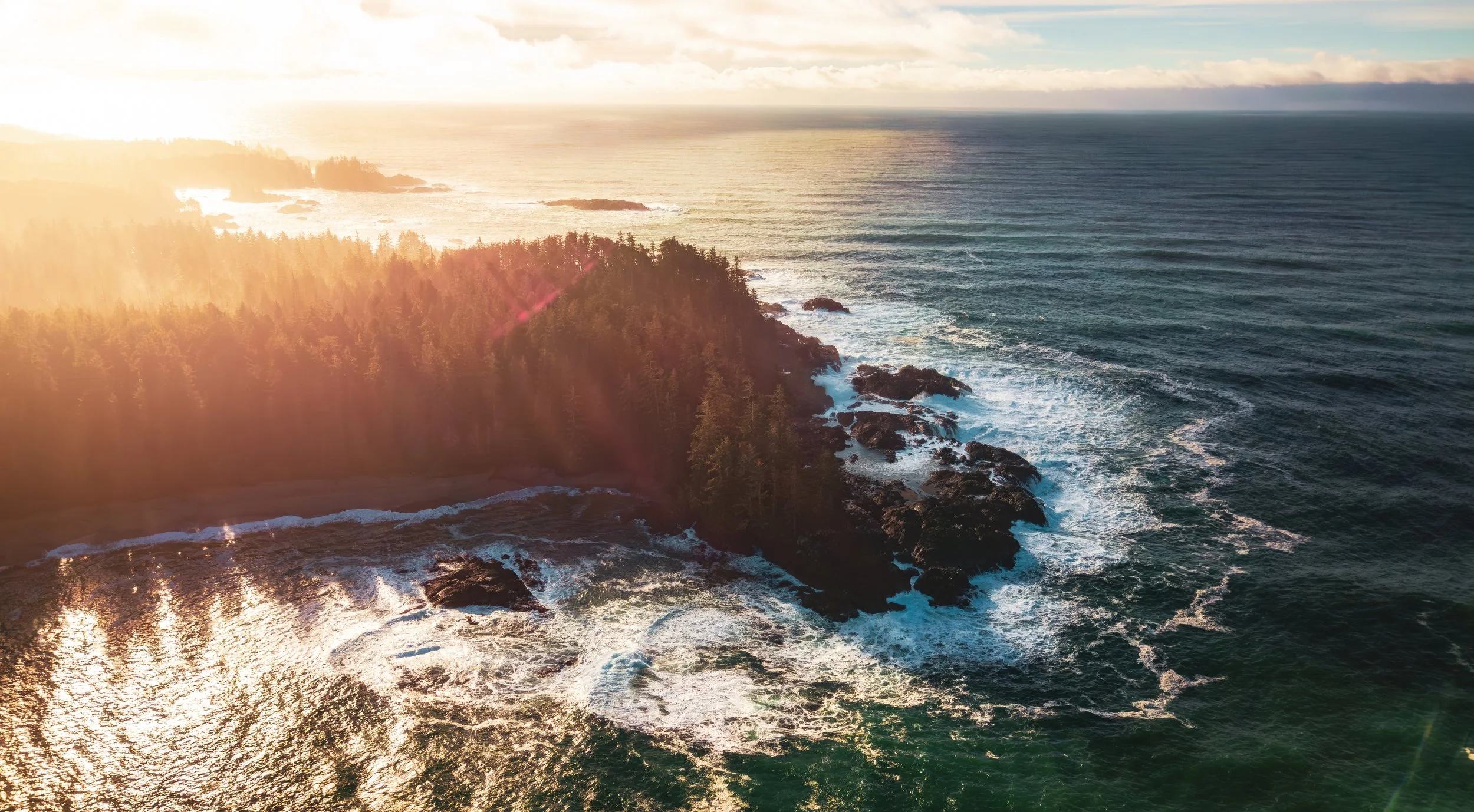 Aerial view of rocky coastline with dense forest and waves crashing onto shore during sunset or sunrise.