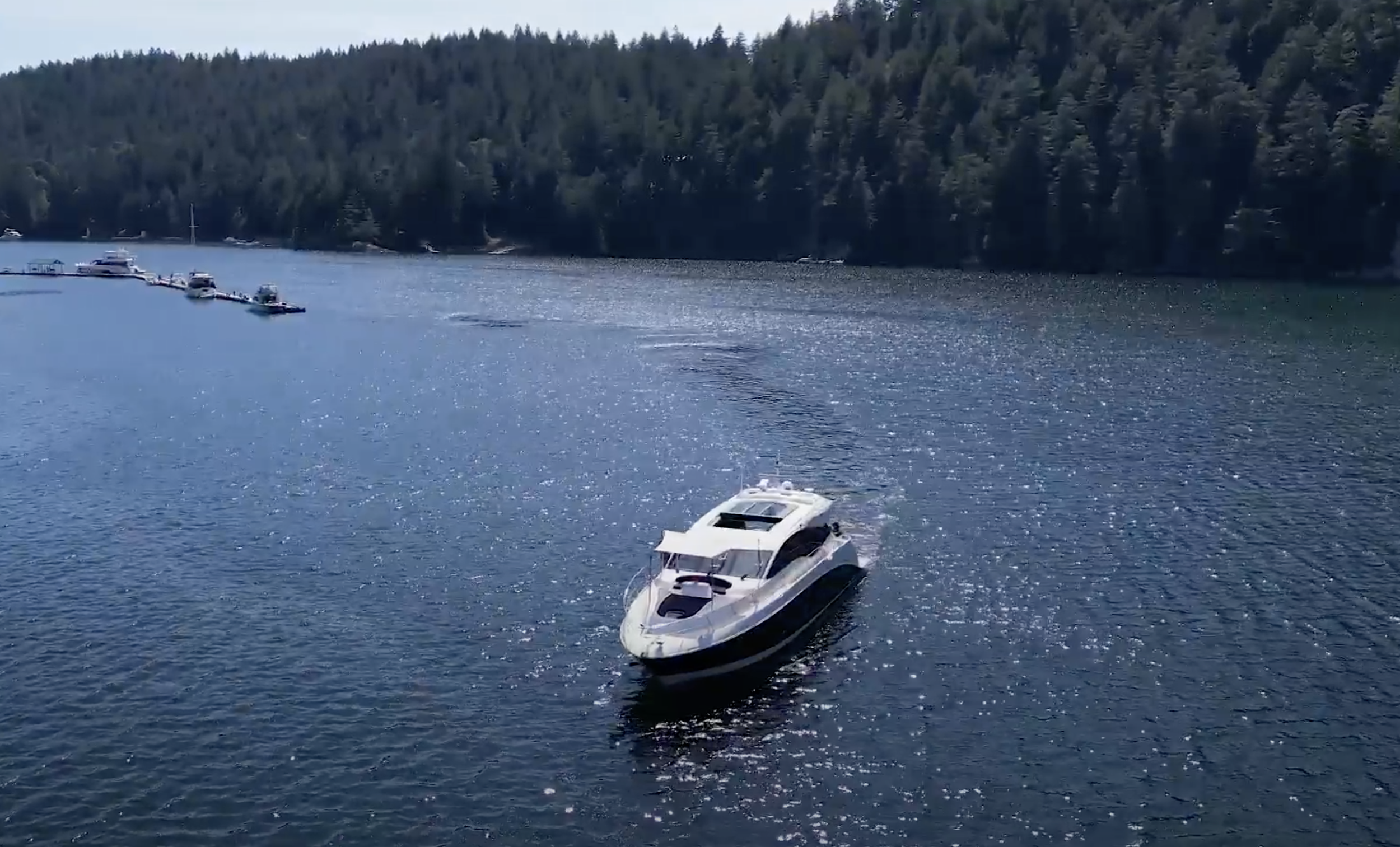 A white yacht in the water near a forested shoreline with multiple boats docked along a pier.