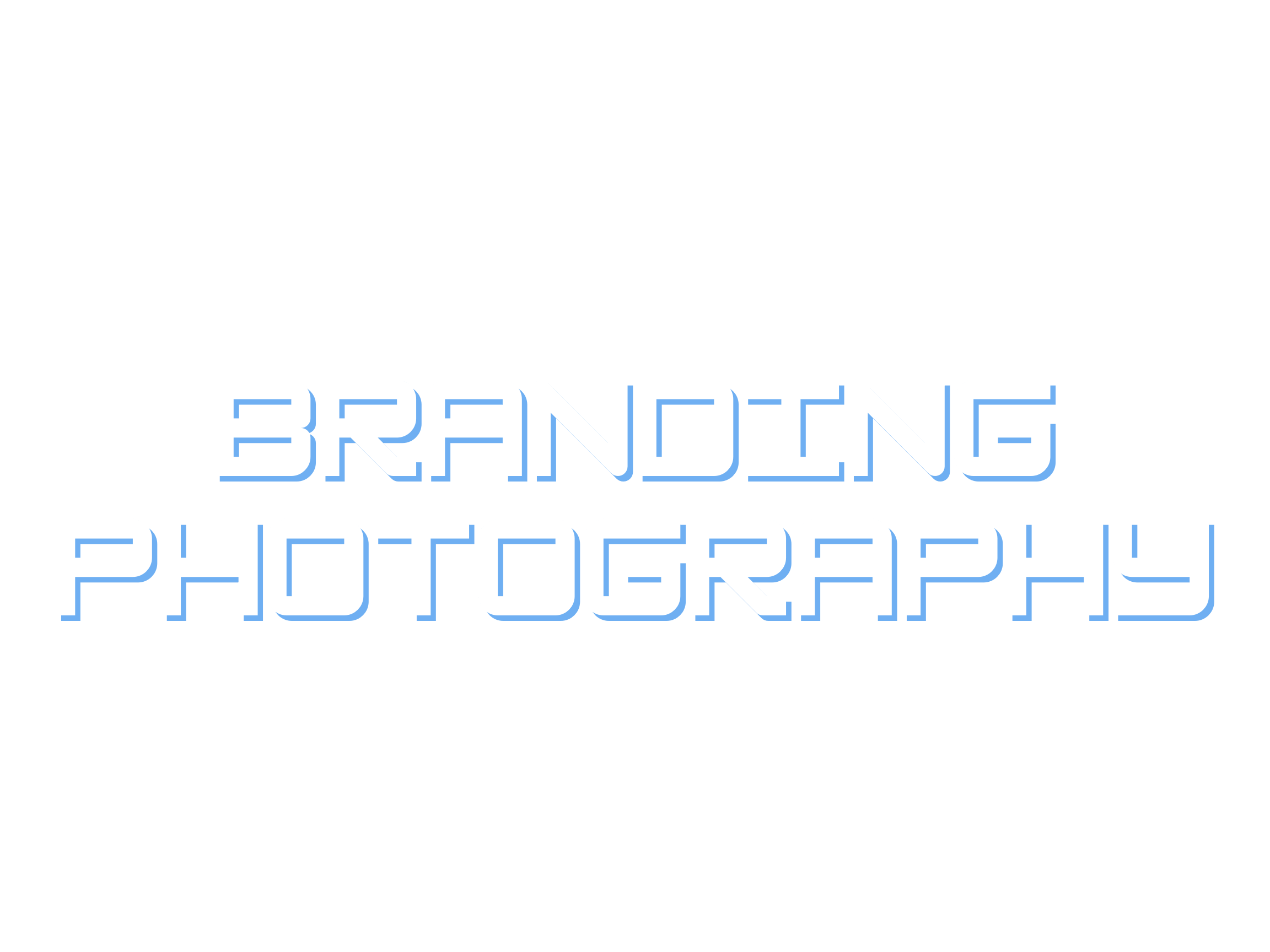 Text that says 'Branding Photography' in bold, blue and white outlined letters on a black background.