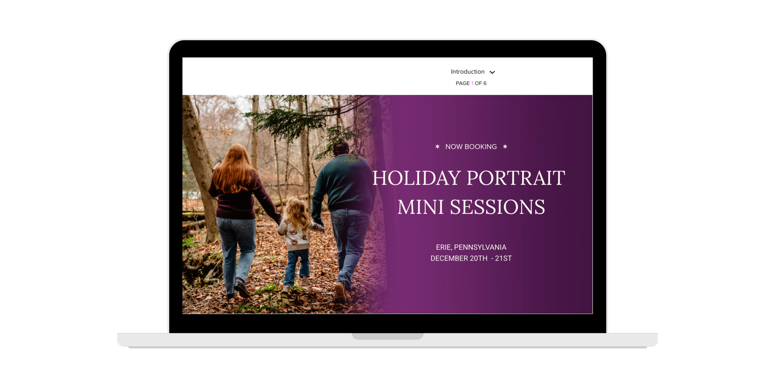 A digital flyer on a laptop screen advertising holiday portrait mini sessions in Erie, Pennsylvania from December 20th to 21st, with a background photo of three people walking in a fall wooded park holding hands, with trees and leaves.