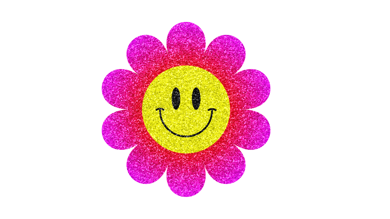 Glittery flower with smiley face, pink petals, yellow center on black background.