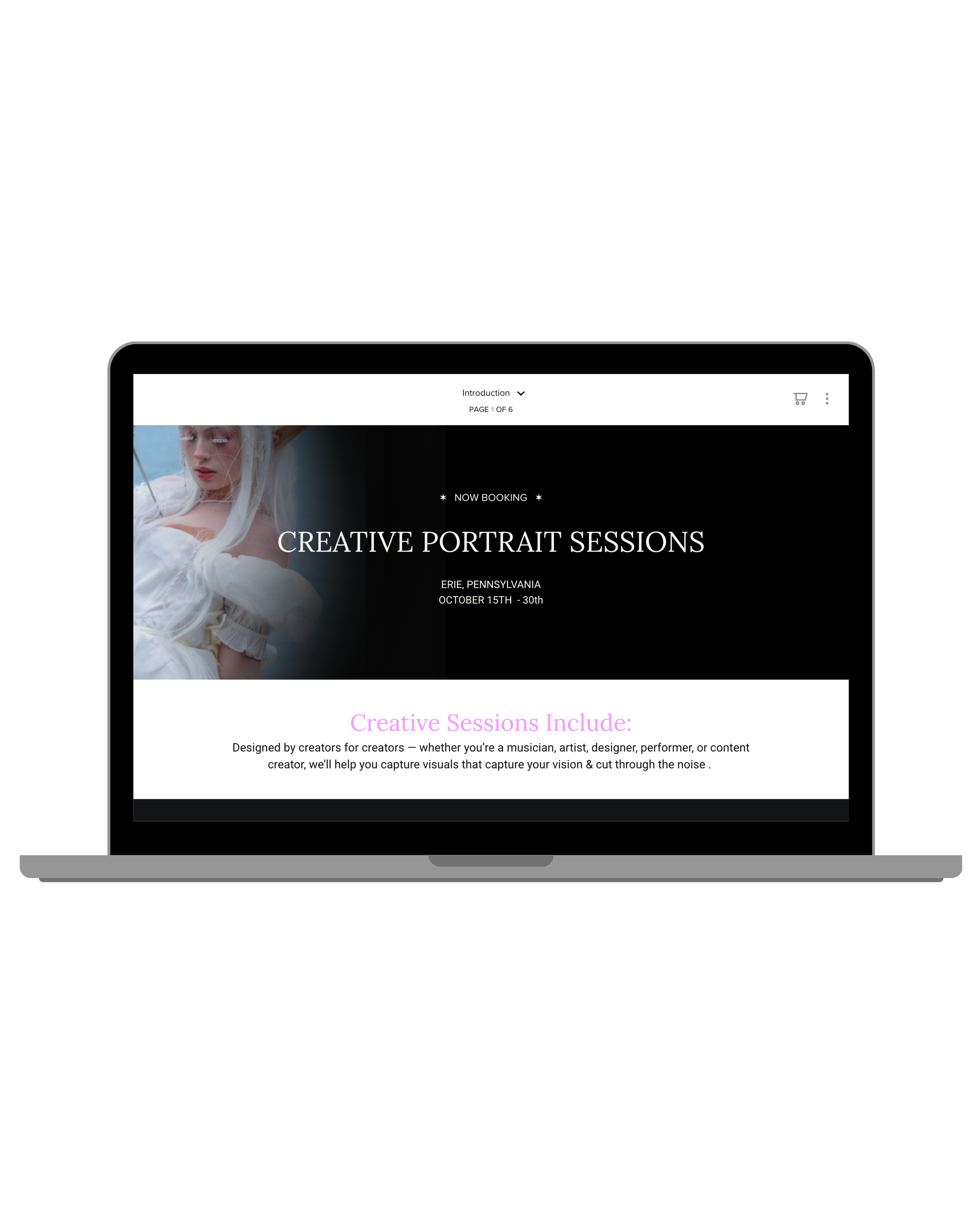 Laptop screen displaying an advertisement for creative portrait sessions in Erie, Pennsylvania, scheduled from October 15th to 30th, with a background image of a woman with platinum blonde hair in a white dress.