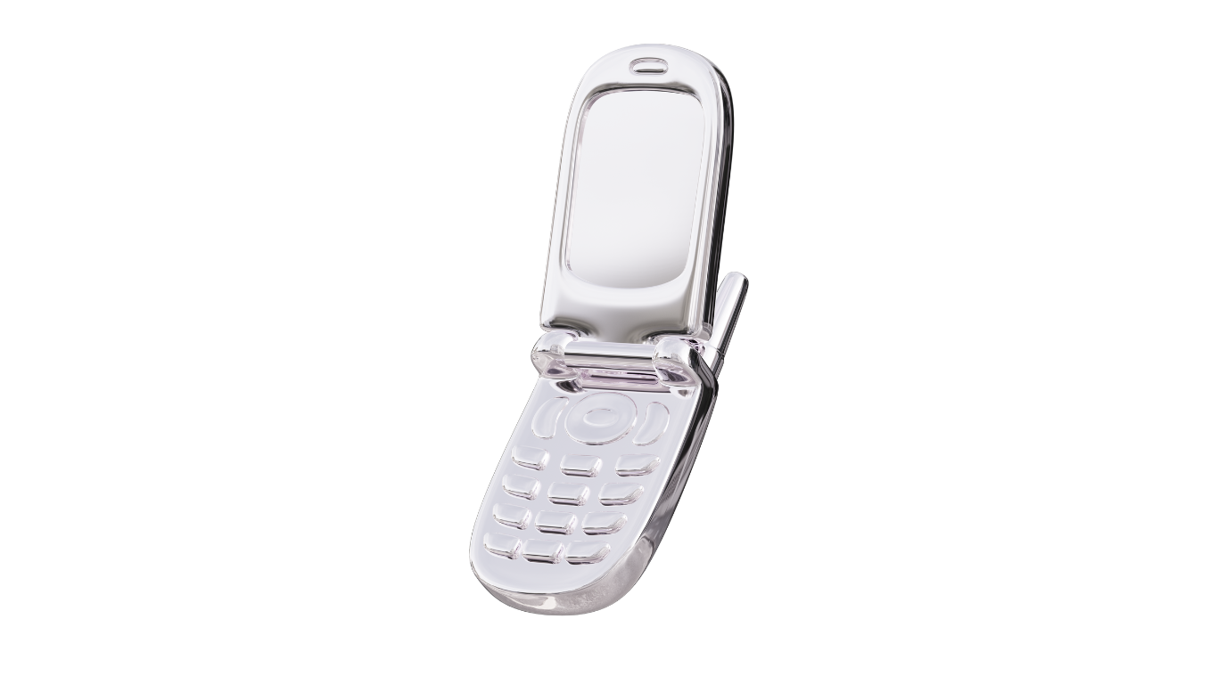 Silver flip phone isolated on a white background.