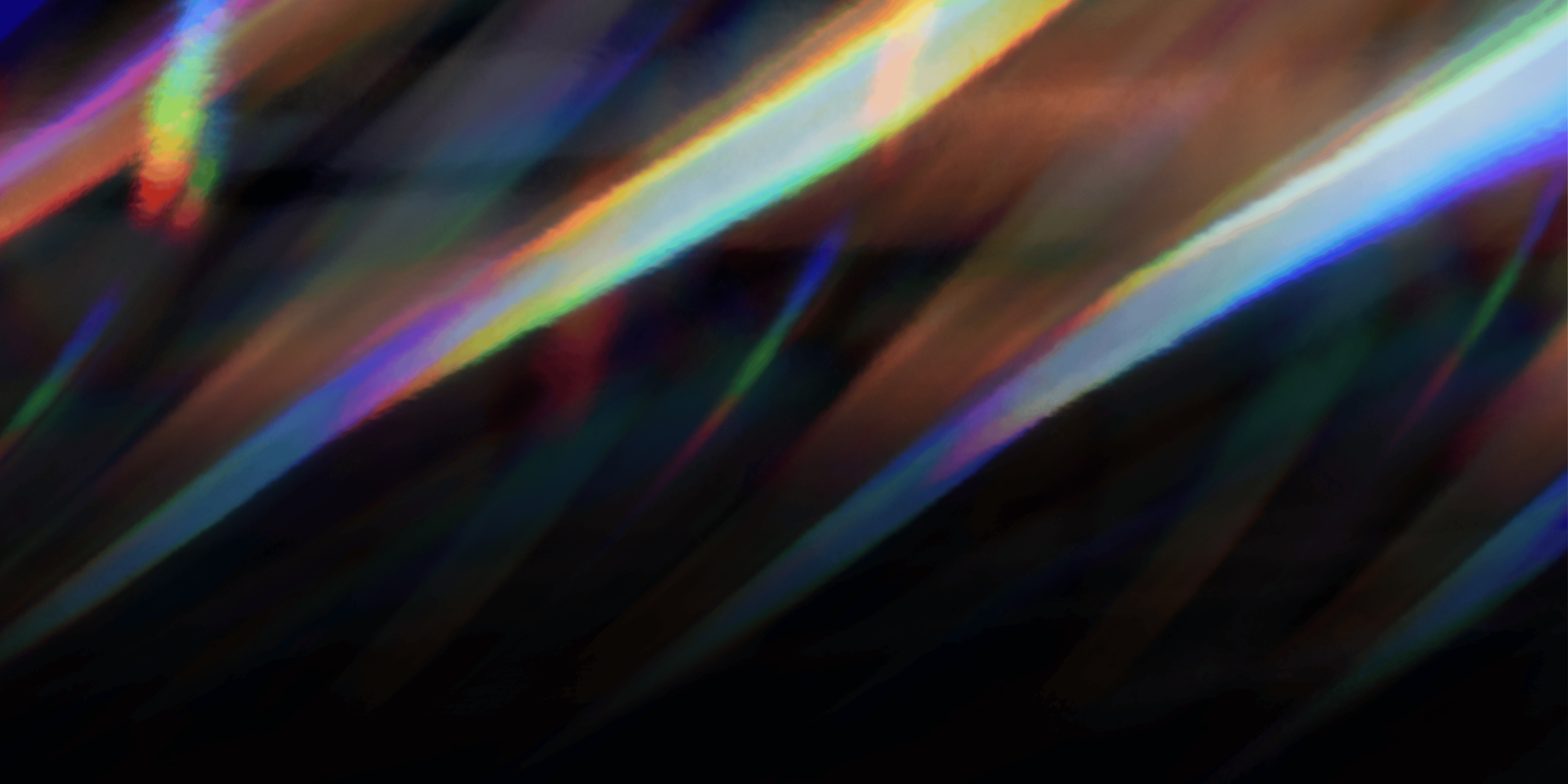 Abstract image with diagonal streaks of rainbow-like colors on a dark background.