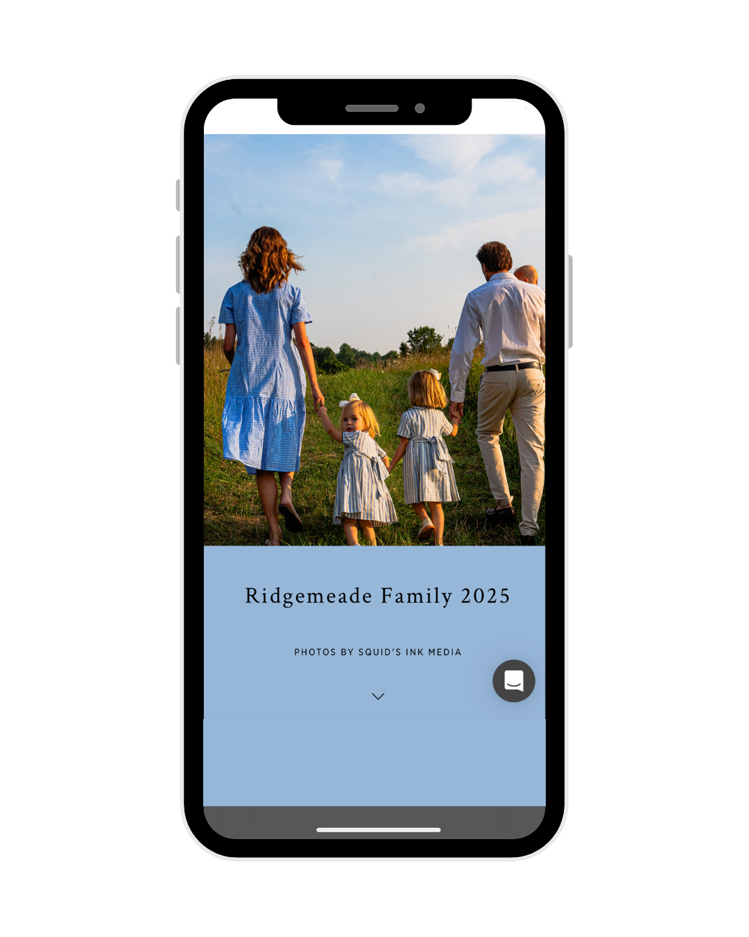 Mobile phone screen displaying a photo of a family walking outdoors in a field, with a blue sky background. Text on the screen reads 'Ridgmeade Family 2025' and 'Photos by Squid's Ink Media.'