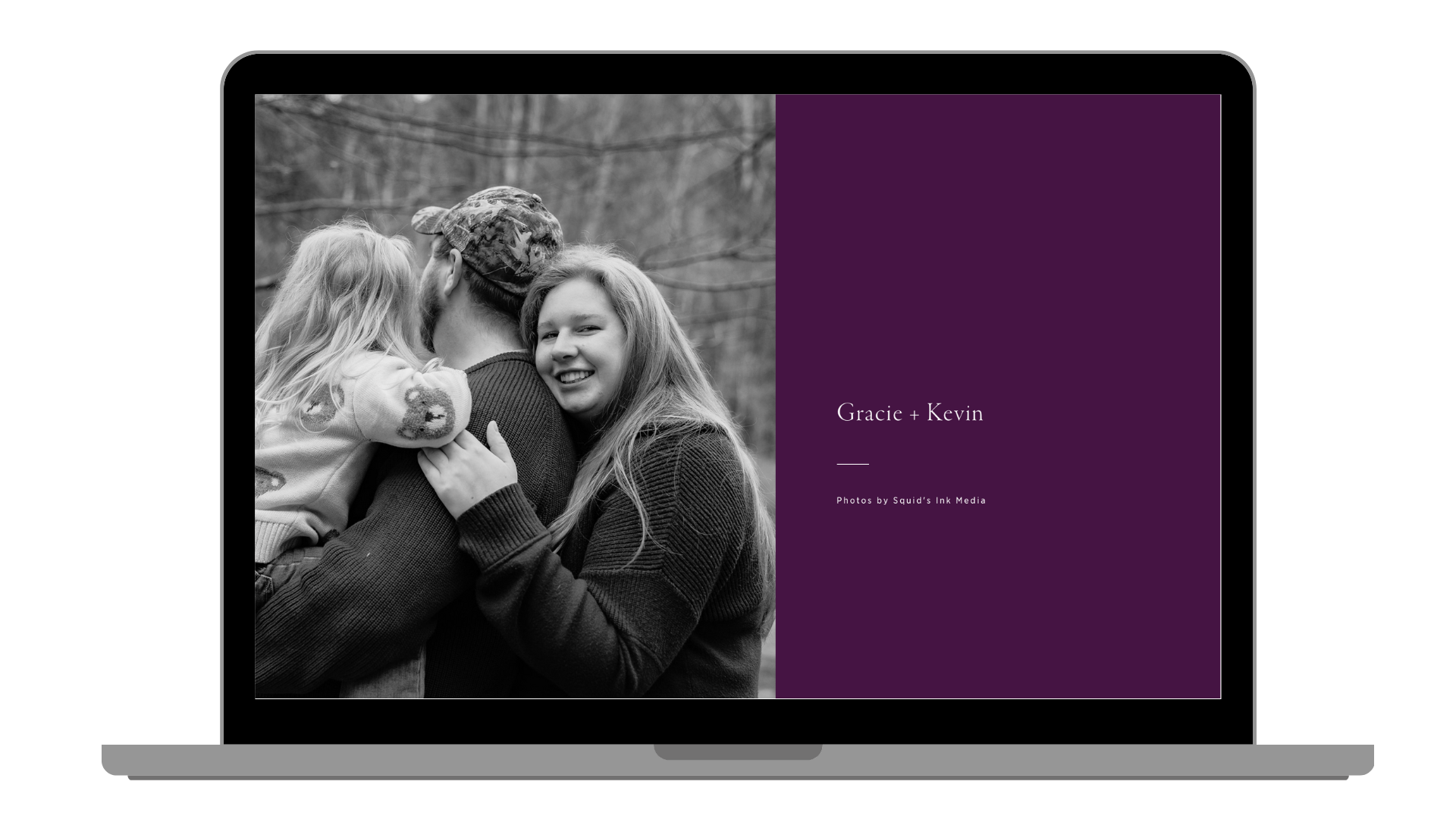 A black and white photo of a woman holding a young girl in her arms, outdoors with trees in the background. The woman is smiling and looking at the camera. To the right, there is a purple section with text that reads 'Gracie + Kevin', and below that, 'Photos by Squid's Ink Media'.