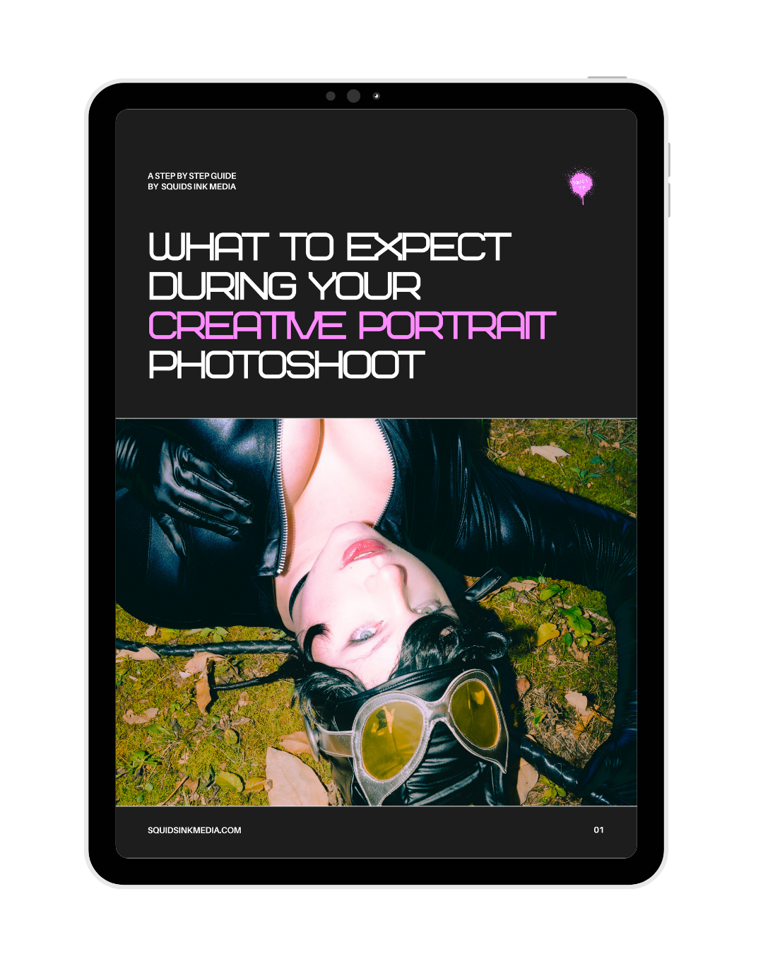 eBook cover titled 'What to Expect During Your Creative Portrait Photoshoot' showing a woman with black hair, lying on the ground outdoors, wearing a black leather jacket and sunglasses, with a black background and pink and white text.